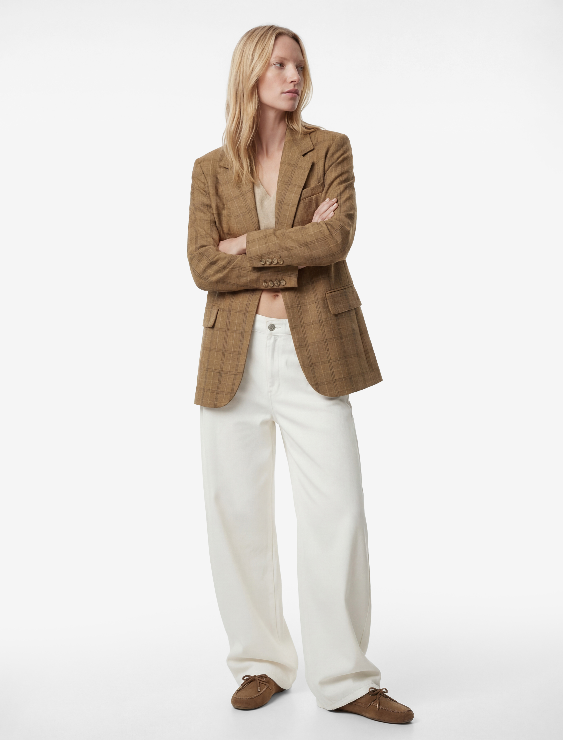   Uzun Kollu Cepli Düğmeli Ekose Blazer Ceket