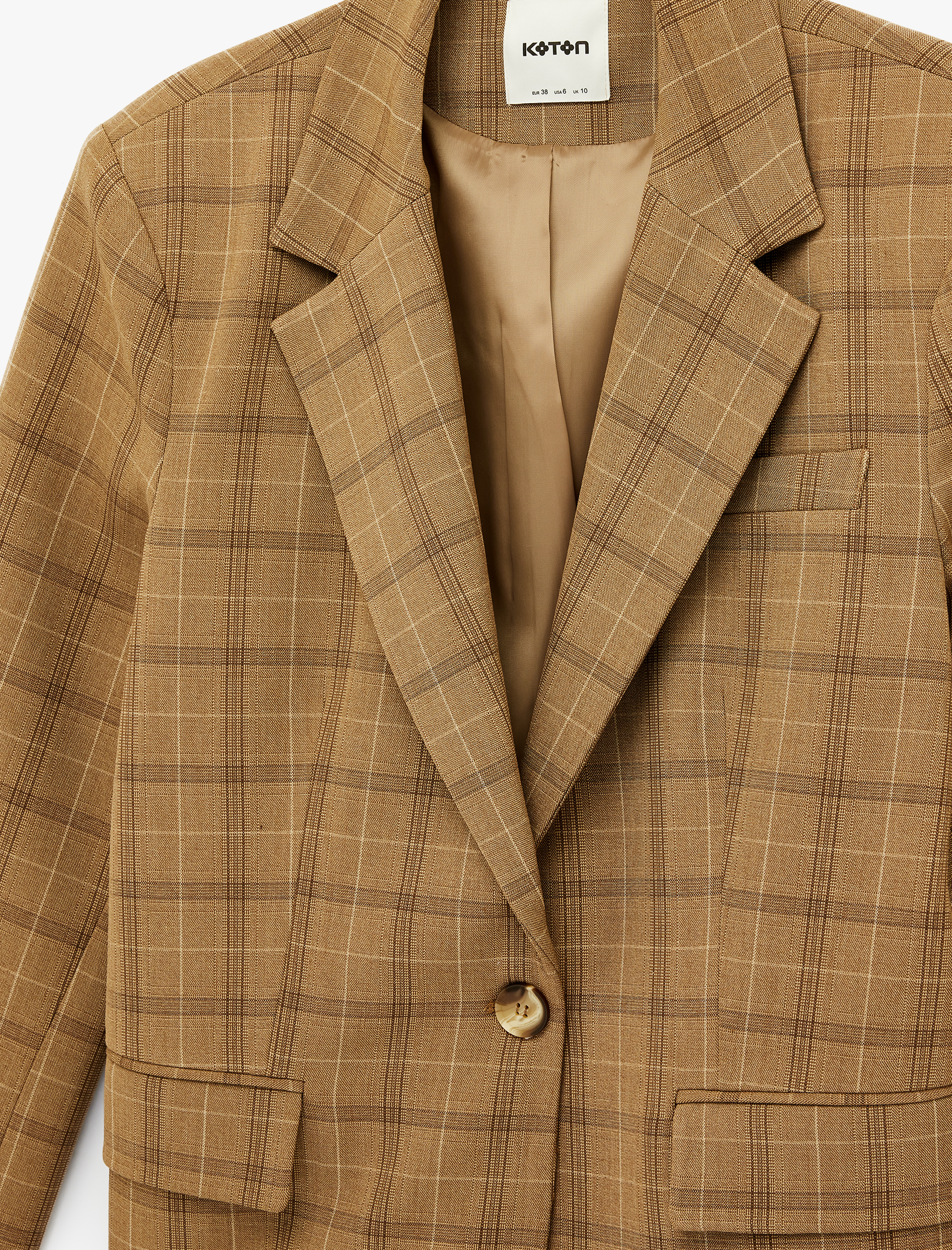   Uzun Kollu Cepli Düğmeli Ekose Blazer Ceket