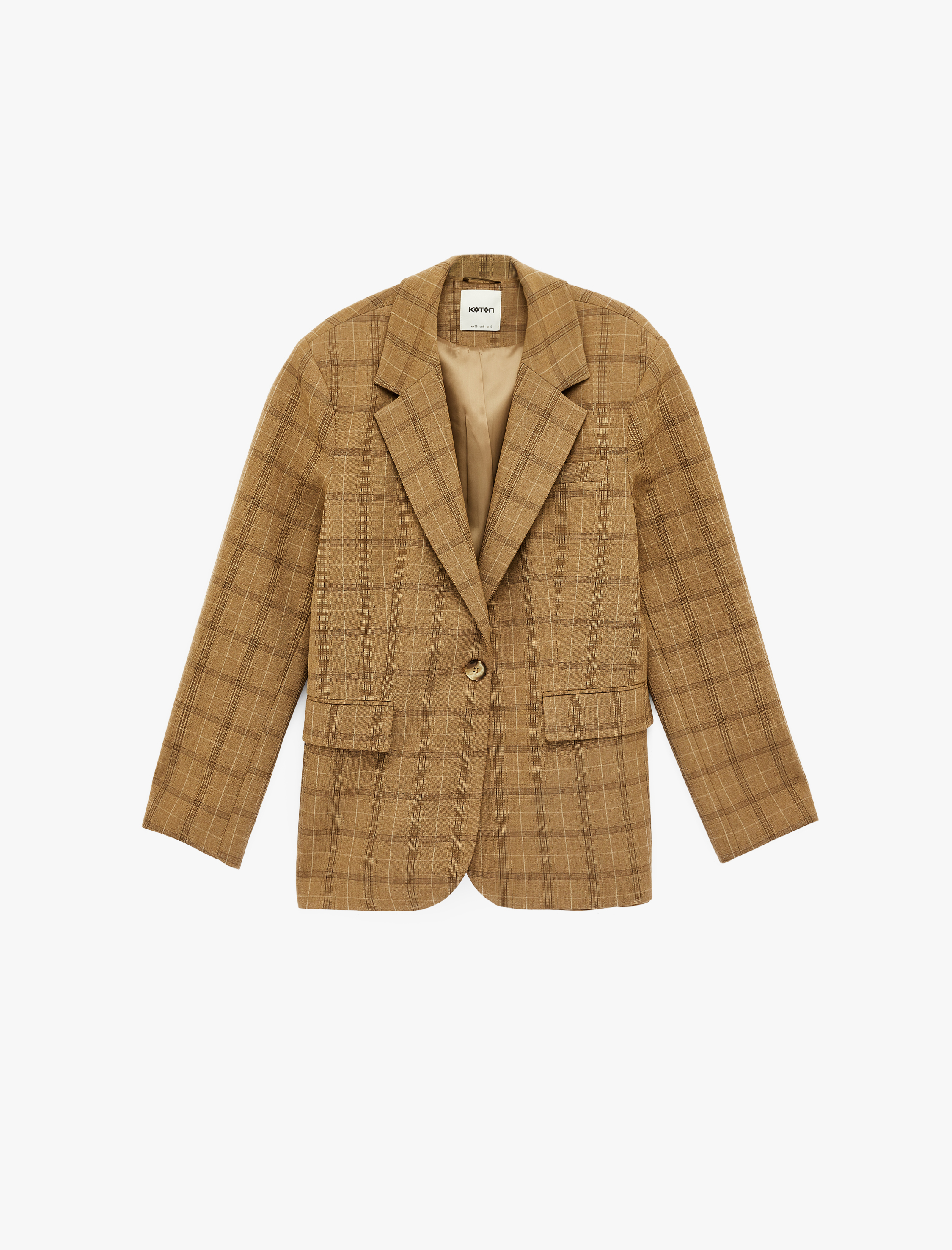   Uzun Kollu Cepli Düğmeli Ekose Blazer Ceket