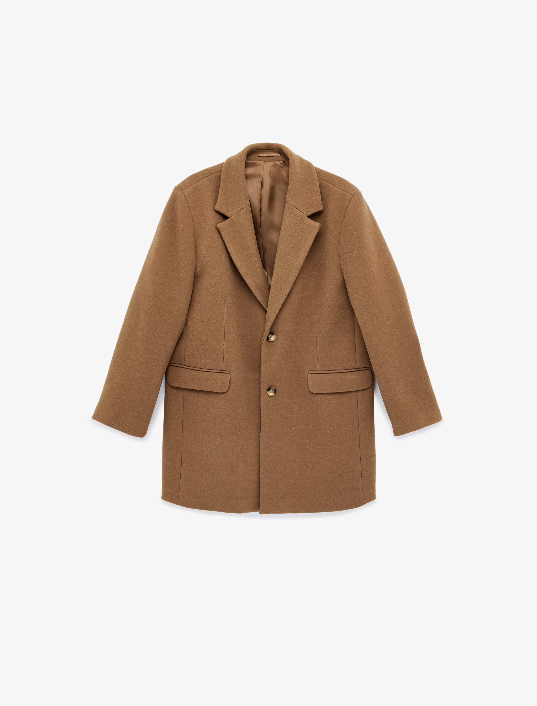   Uzun Kollu Kapaklı Cepli Düğmeli Mono Yaka Kaşe Kaban