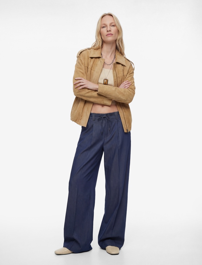  Apolet Detaylı Cepli Fermuarlı Uzun Kollu Oversize Suni Süet Ceket