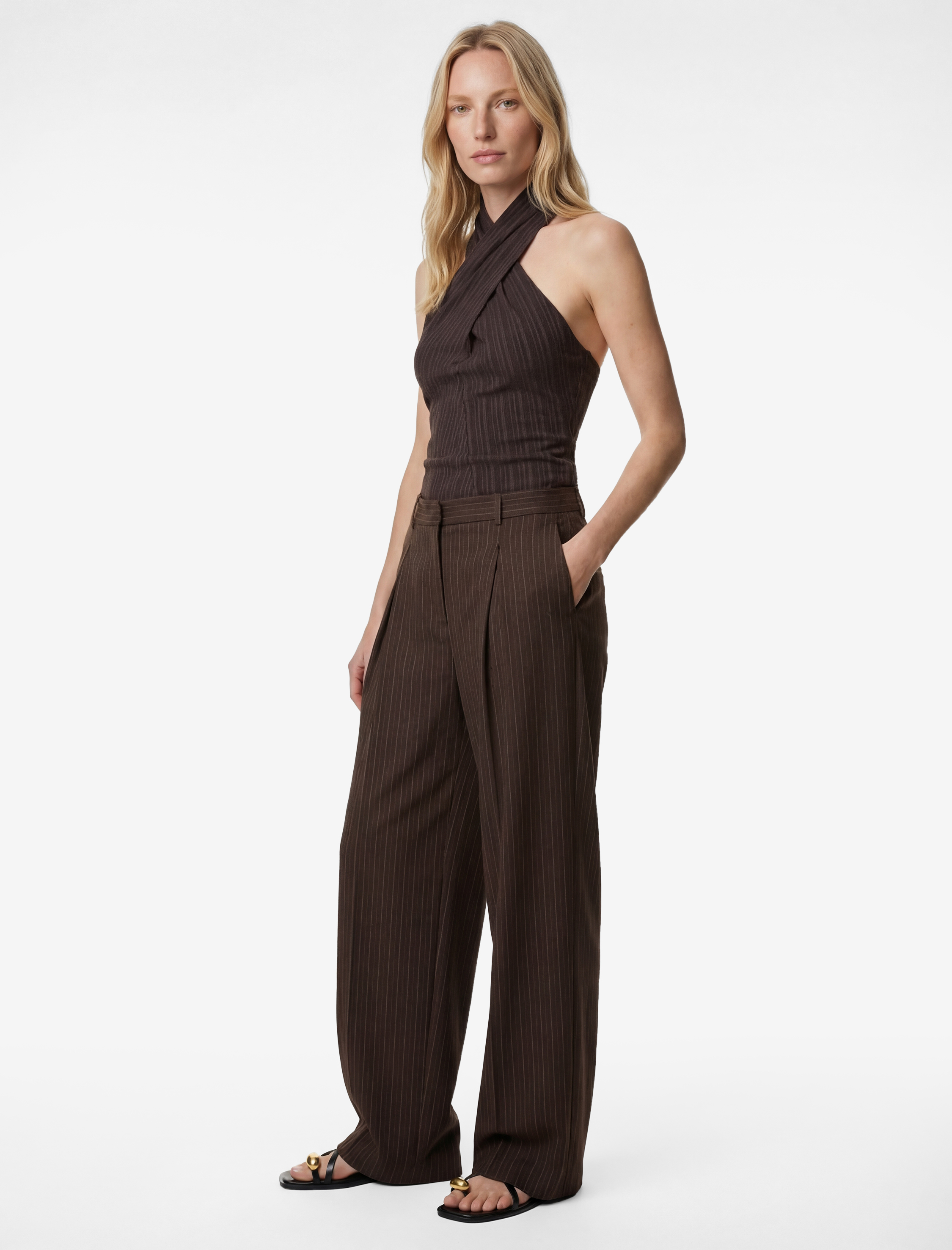   Pile Detaylı Geniş Paça Kumaş Palazzo Pantolon