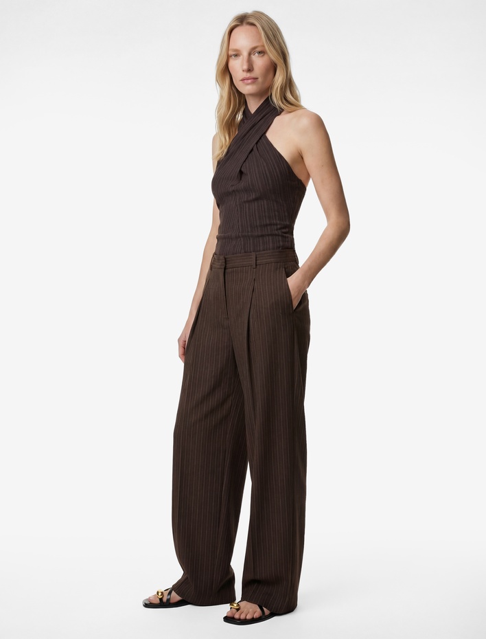  Pile Detaylı Geniş Paça Kumaş Palazzo Pantolon