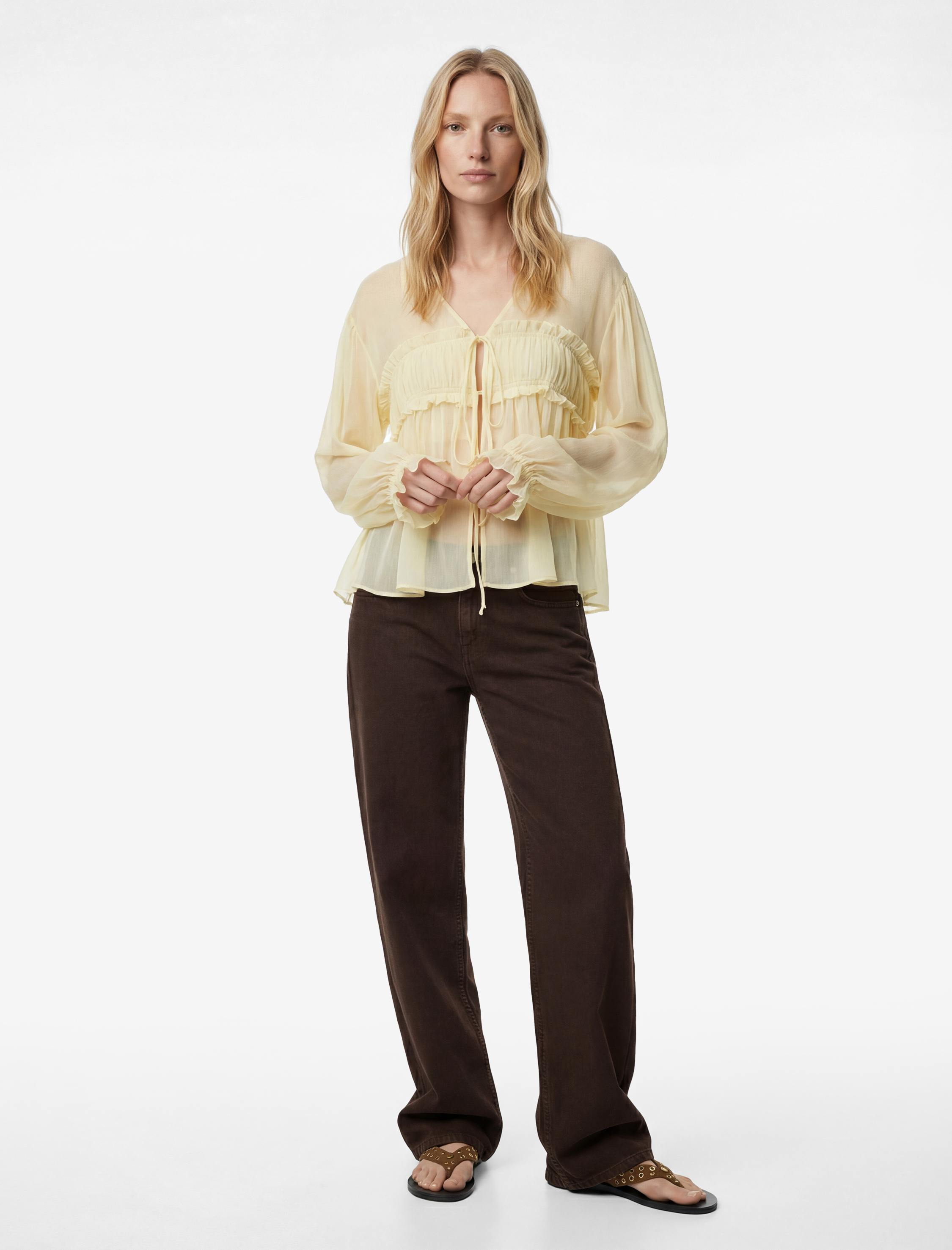   Uzun Kollu Fırfırlı Önden Bağlama Detaylı Transparan Şifon Bluz