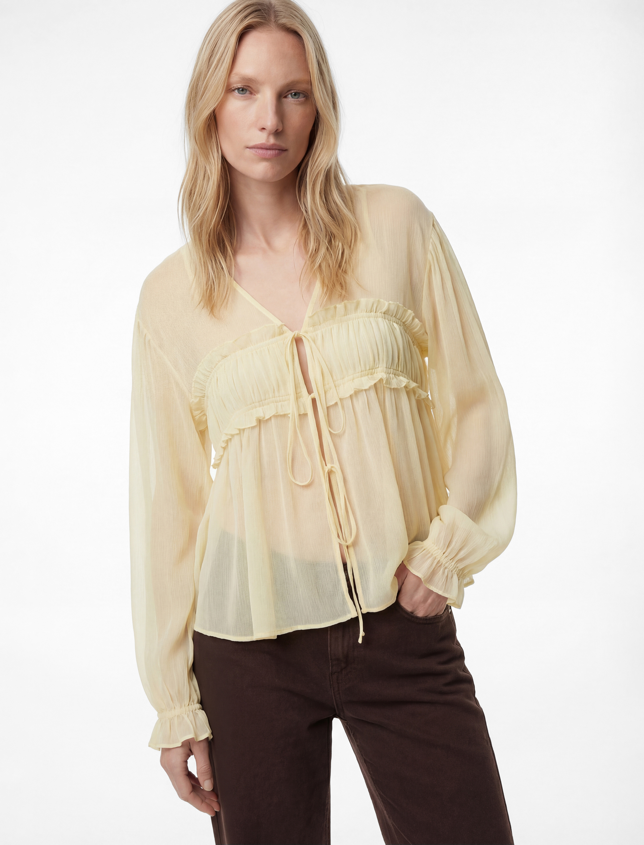   Uzun Kollu Fırfırlı Önden Bağlama Detaylı Transparan Şifon Bluz