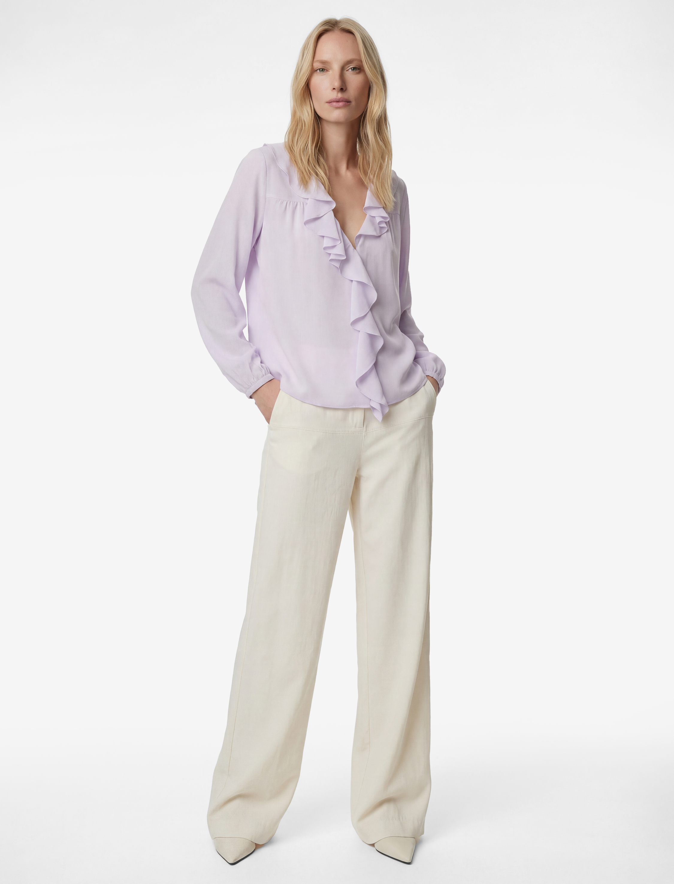   Volanlı Fırfırlı V Yaka Uzun Kollu Pamuklu Gömlek