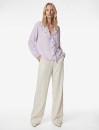 Volanlı Fırfırlı V Yaka Uzun Kollu Pamuklu Gömlek