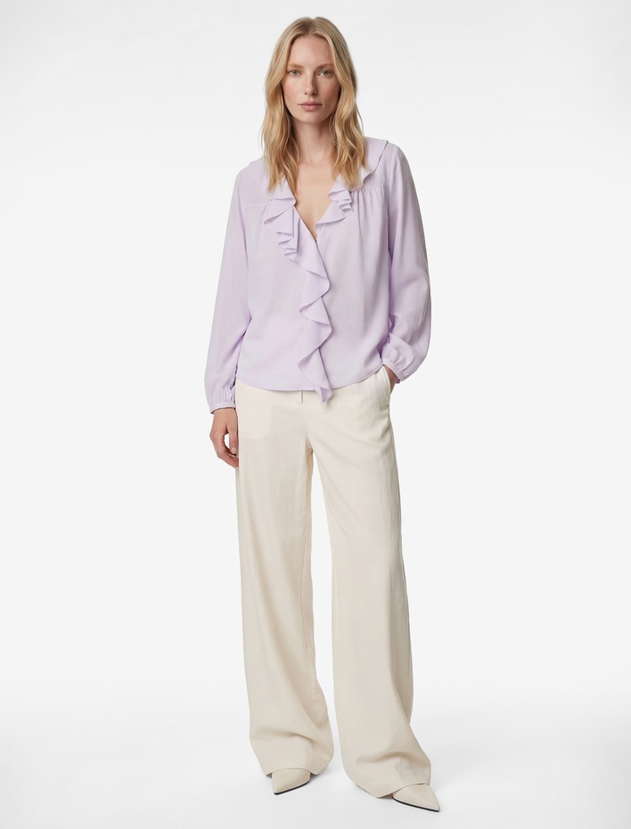  Volanlı Fırfırlı V Yaka Uzun Kollu Pamuklu Gömlek