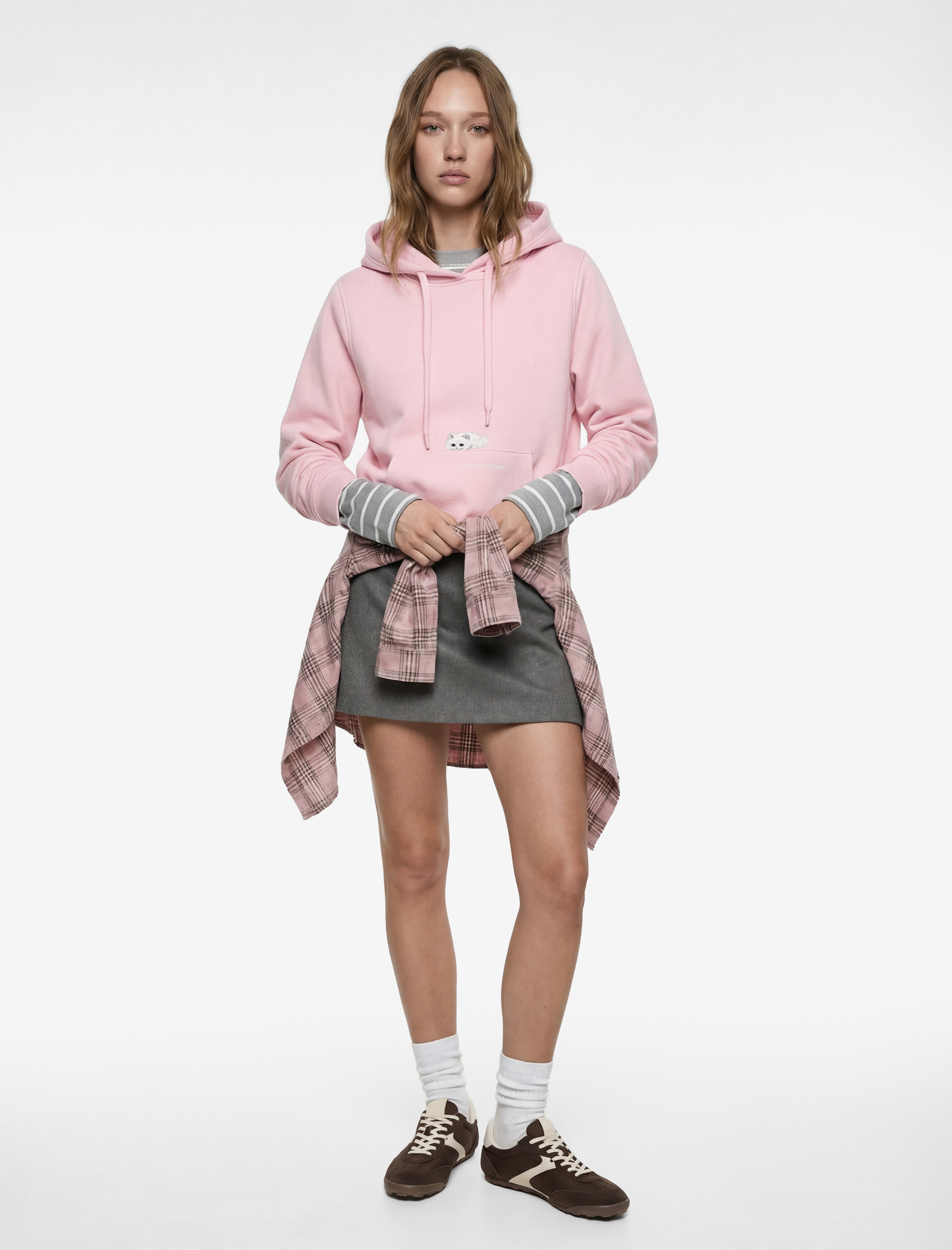   Kanguru Cepli Kapüşonlu Uzun Kollu Kedi Baskılı Sweatshirt