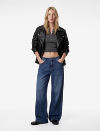 Uzun Kollu Fermuarlı Dik Yaka Oversize Suni Deri Ceket