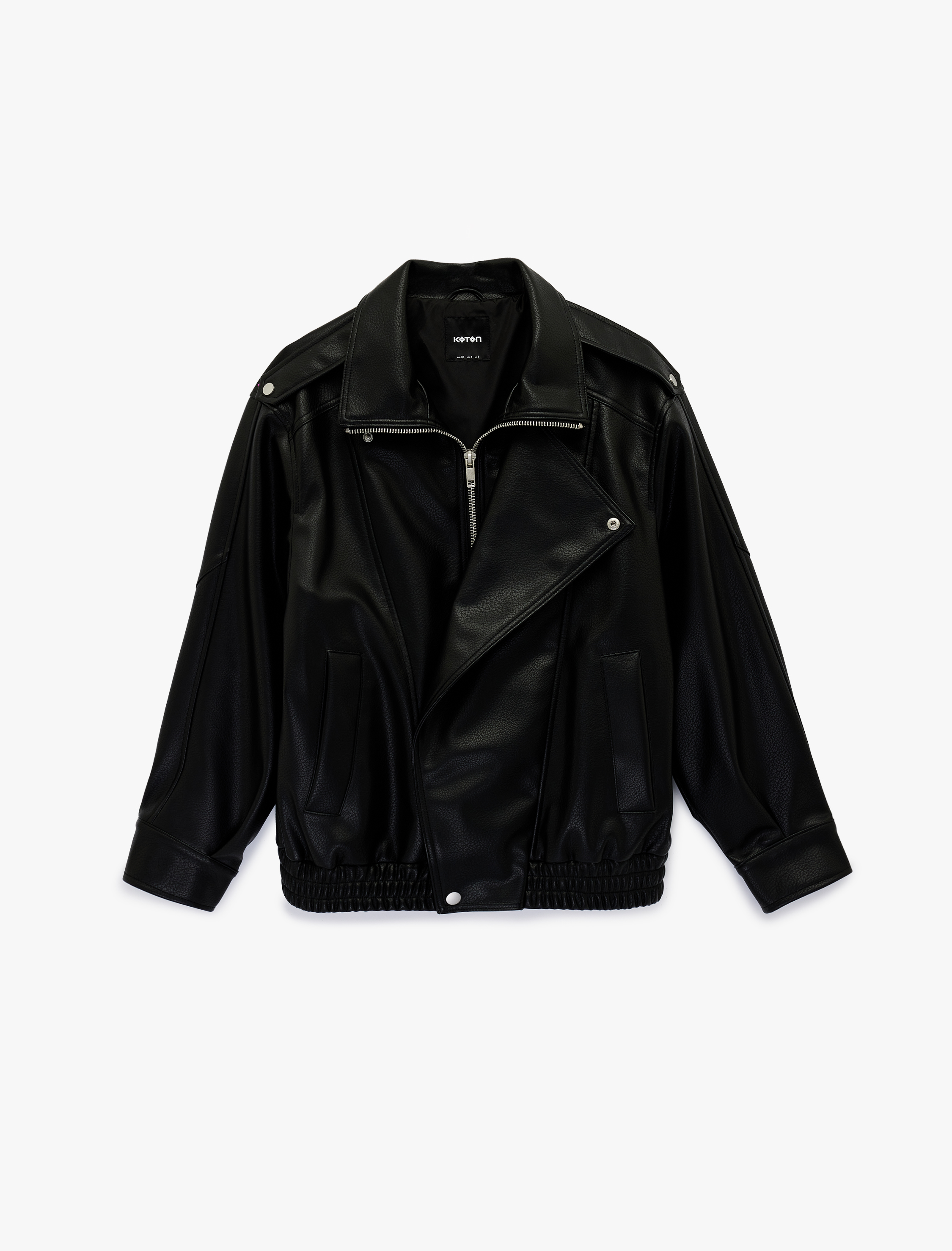   Uzun Kollu Fermuarlı Dik Yaka Oversize Suni Deri Ceket