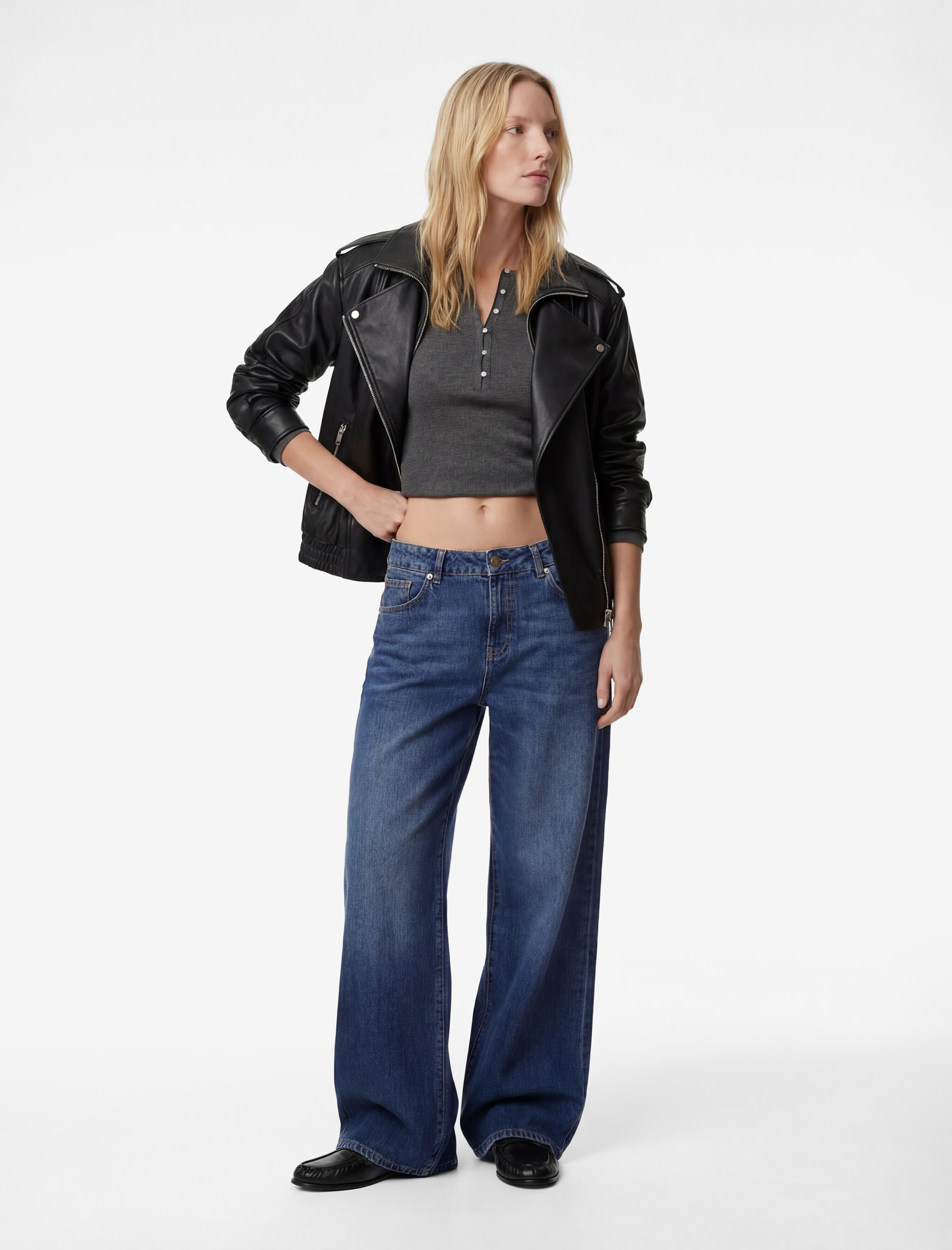   Uzun Kollu Fermuarlı Dik Yaka Oversize Suni Deri Ceket