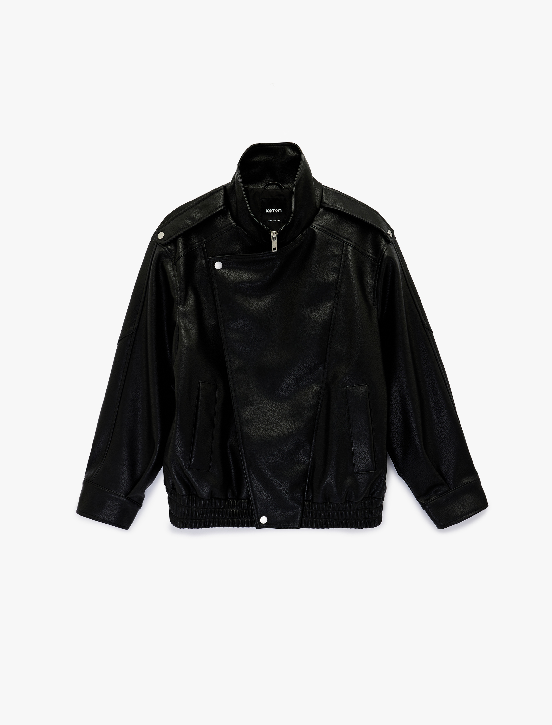   Uzun Kollu Fermuarlı Dik Yaka Oversize Suni Deri Ceket