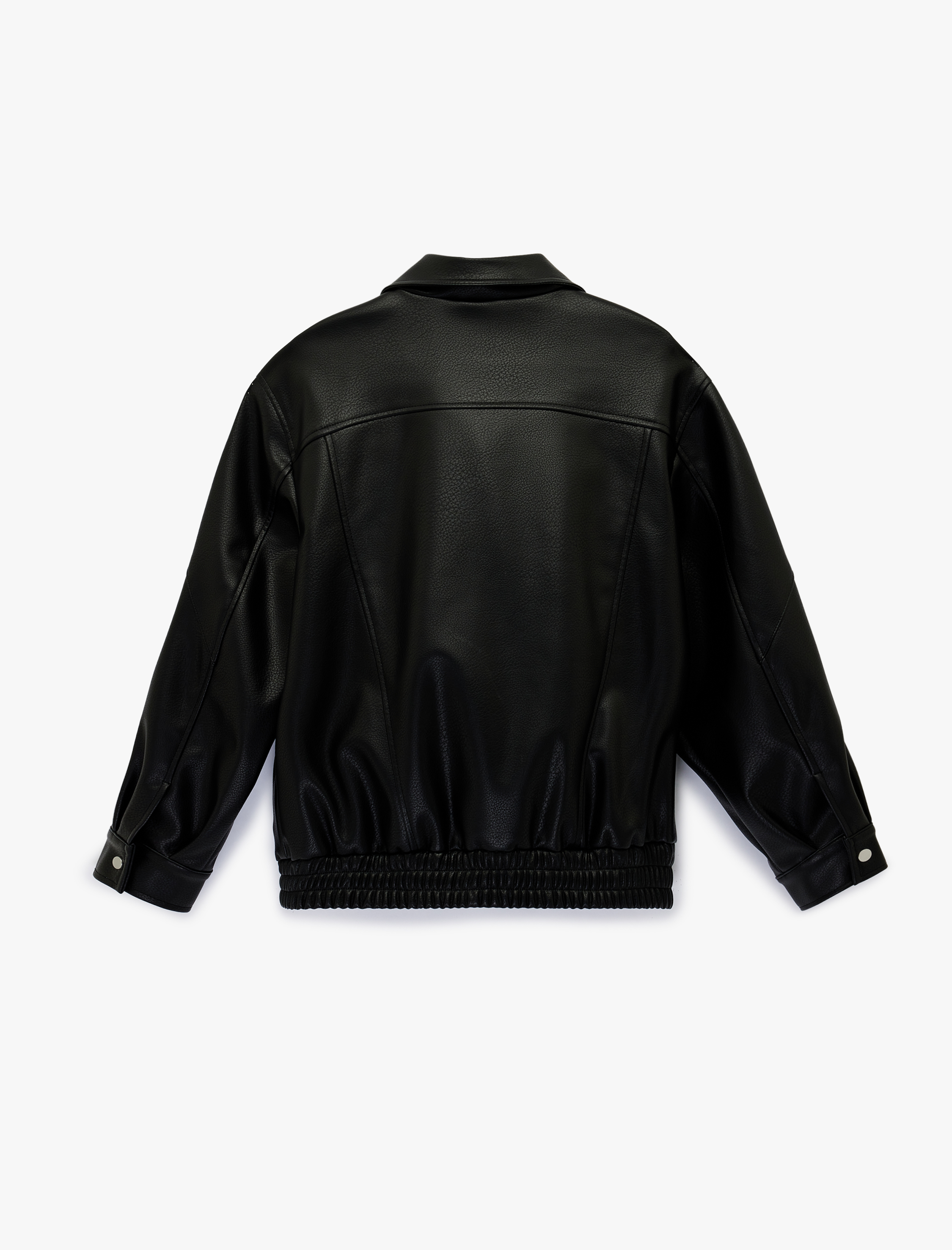   Uzun Kollu Fermuarlı Dik Yaka Oversize Suni Deri Ceket