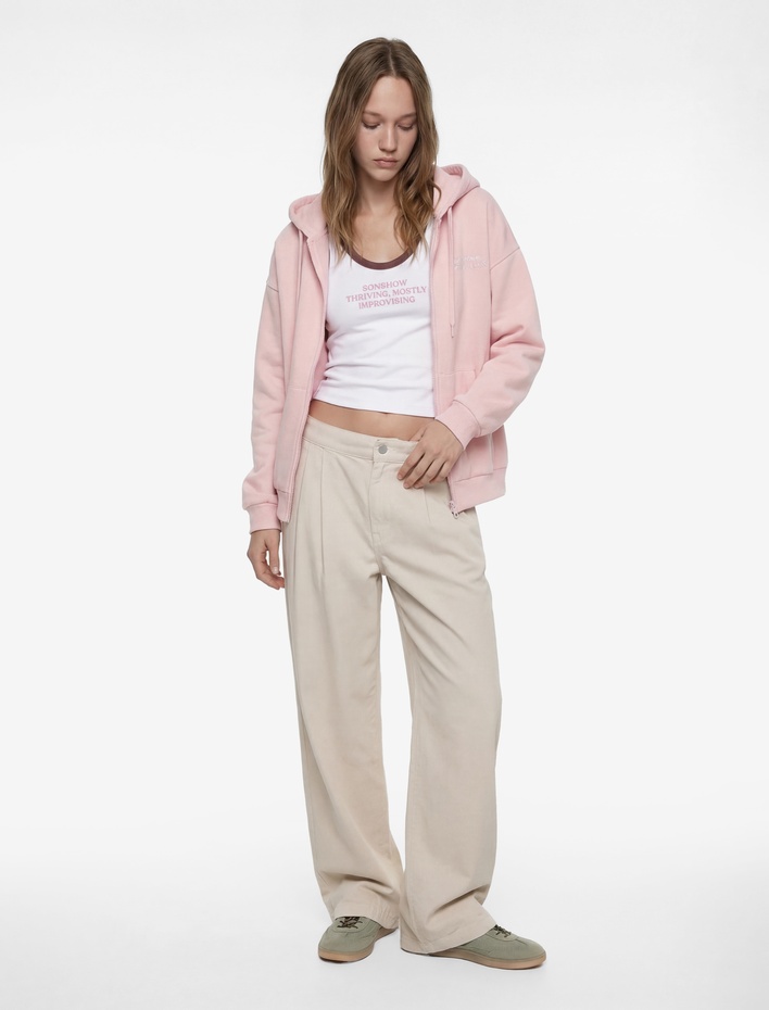  Kanguru Cepli Fermuarlı Kapüşonlu Arkası Baskılı Oversize Sweatshirt