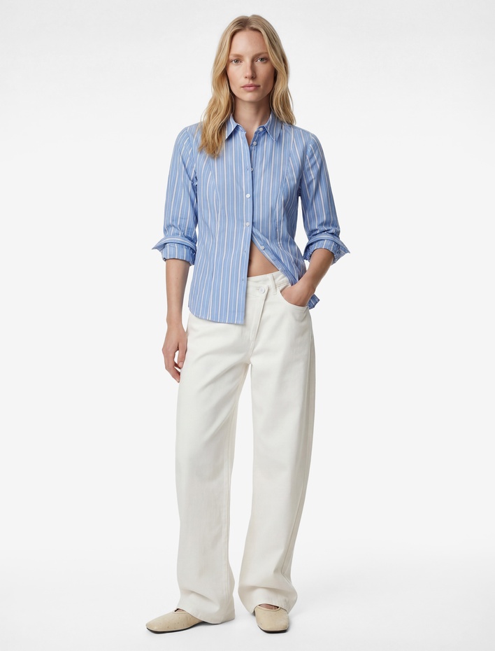  Slim Fit Uzun Kollu Klasik Yaka Çizgili Poplin Gömlek