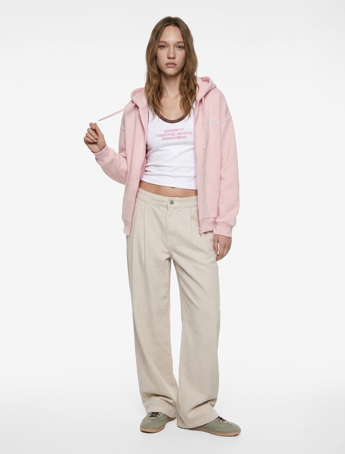  Kanguru Cepli Fermuarlı Kapüşonlu Arkası Baskılı Oversize Sweatshirt