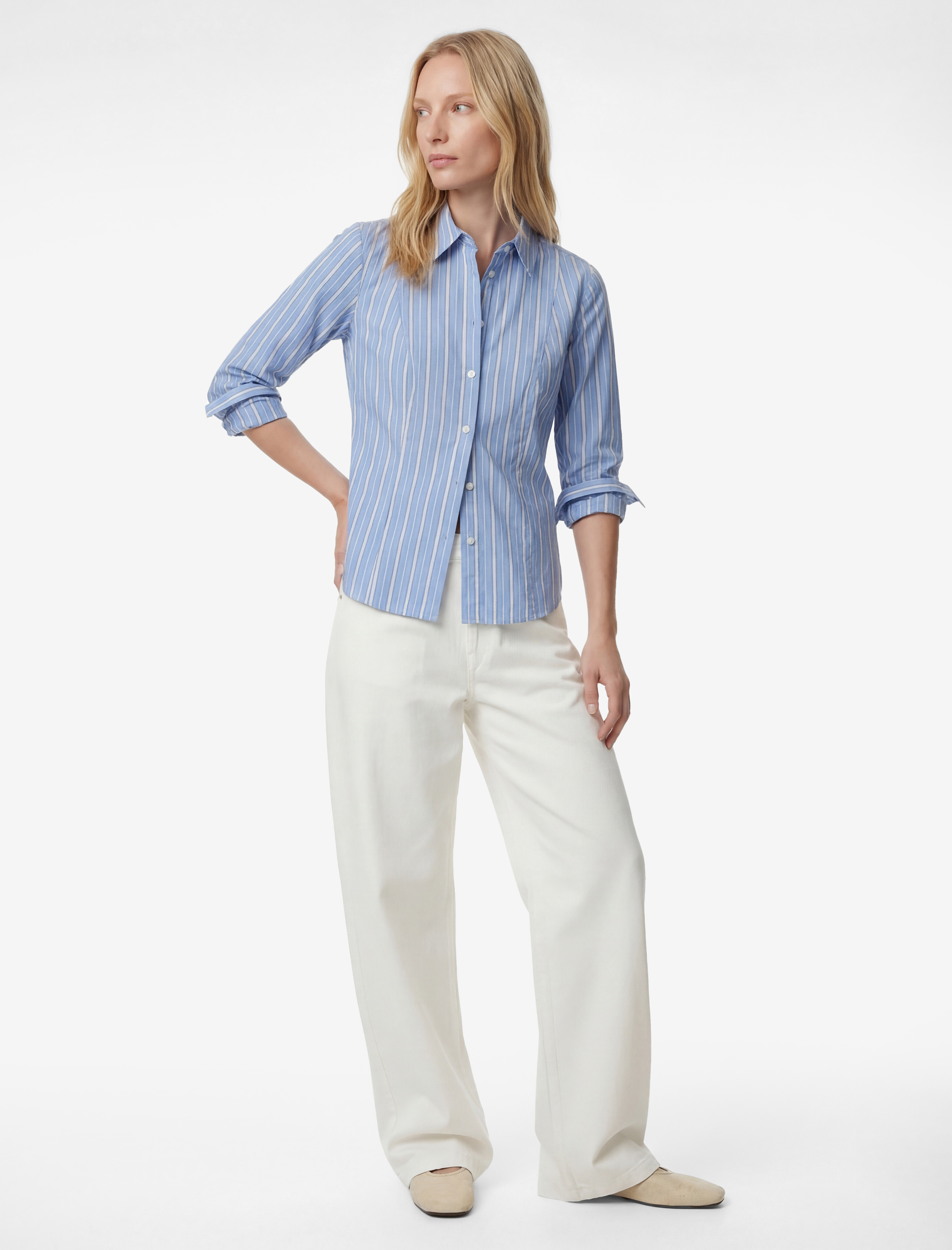   Slim Fit Uzun Kollu Klasik Yaka Çizgili Poplin Gömlek