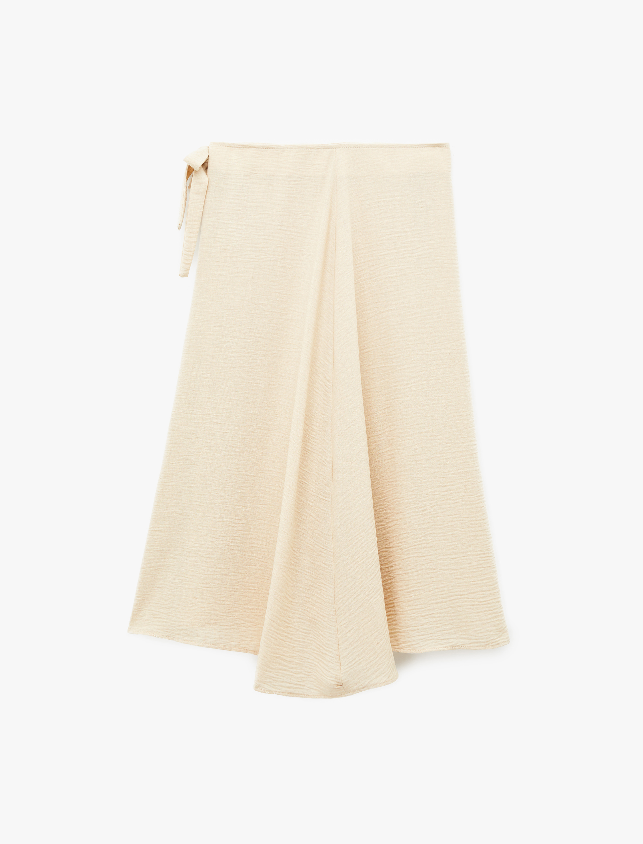   Keten Görünümlü Asimetrik Bağlama Detaylı Kruvaze Midi Etek