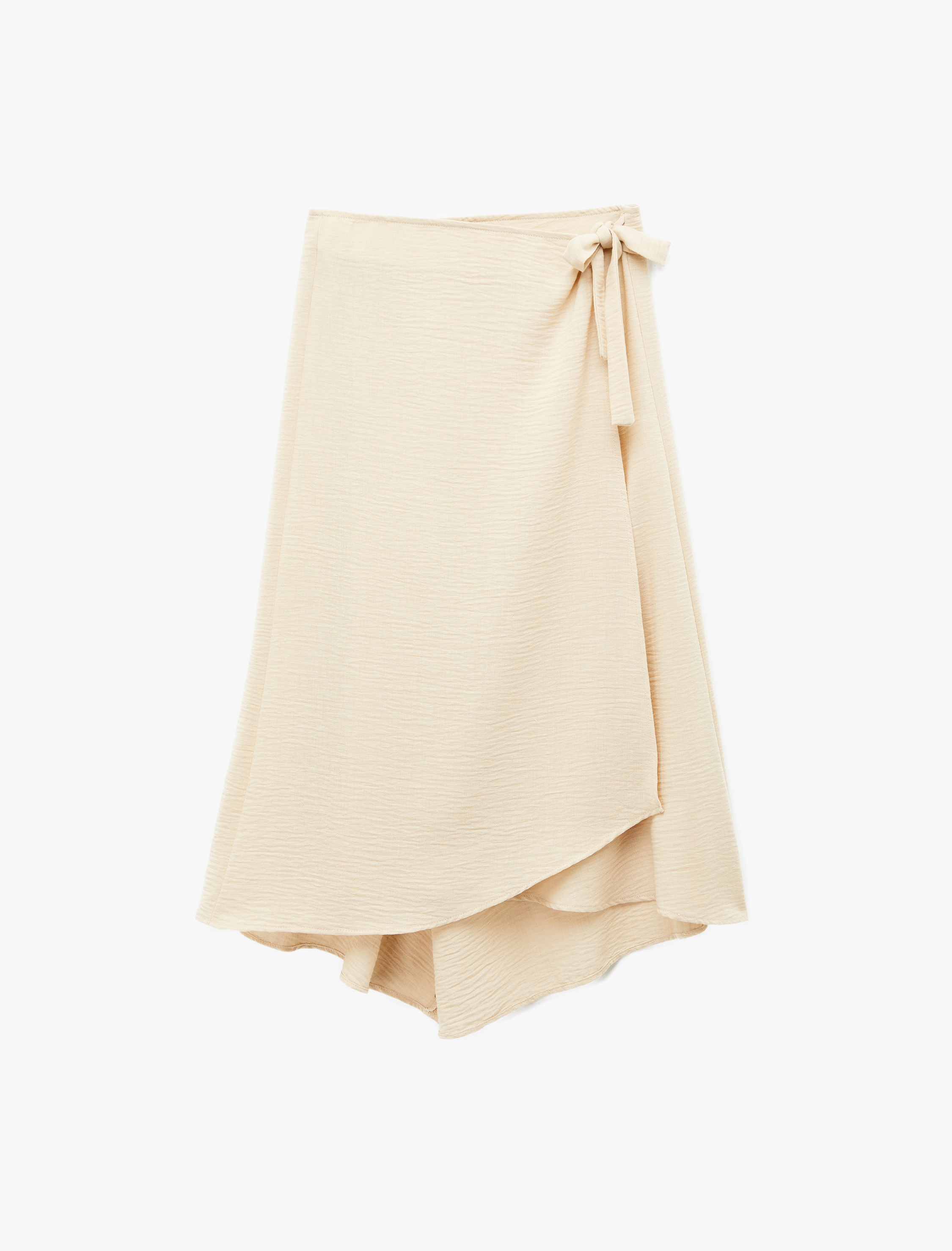   Keten Görünümlü Asimetrik Bağlama Detaylı Kruvaze Midi Etek