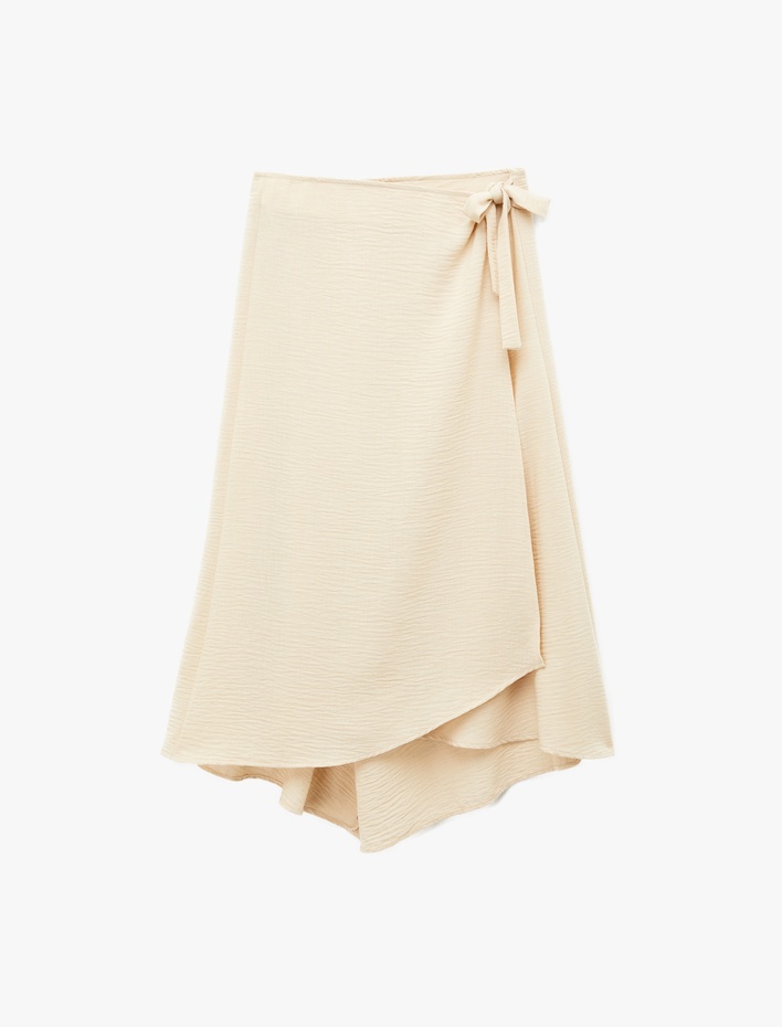  Keten Görünümlü Asimetrik Bağlama Detaylı Kruvaze Midi Etek