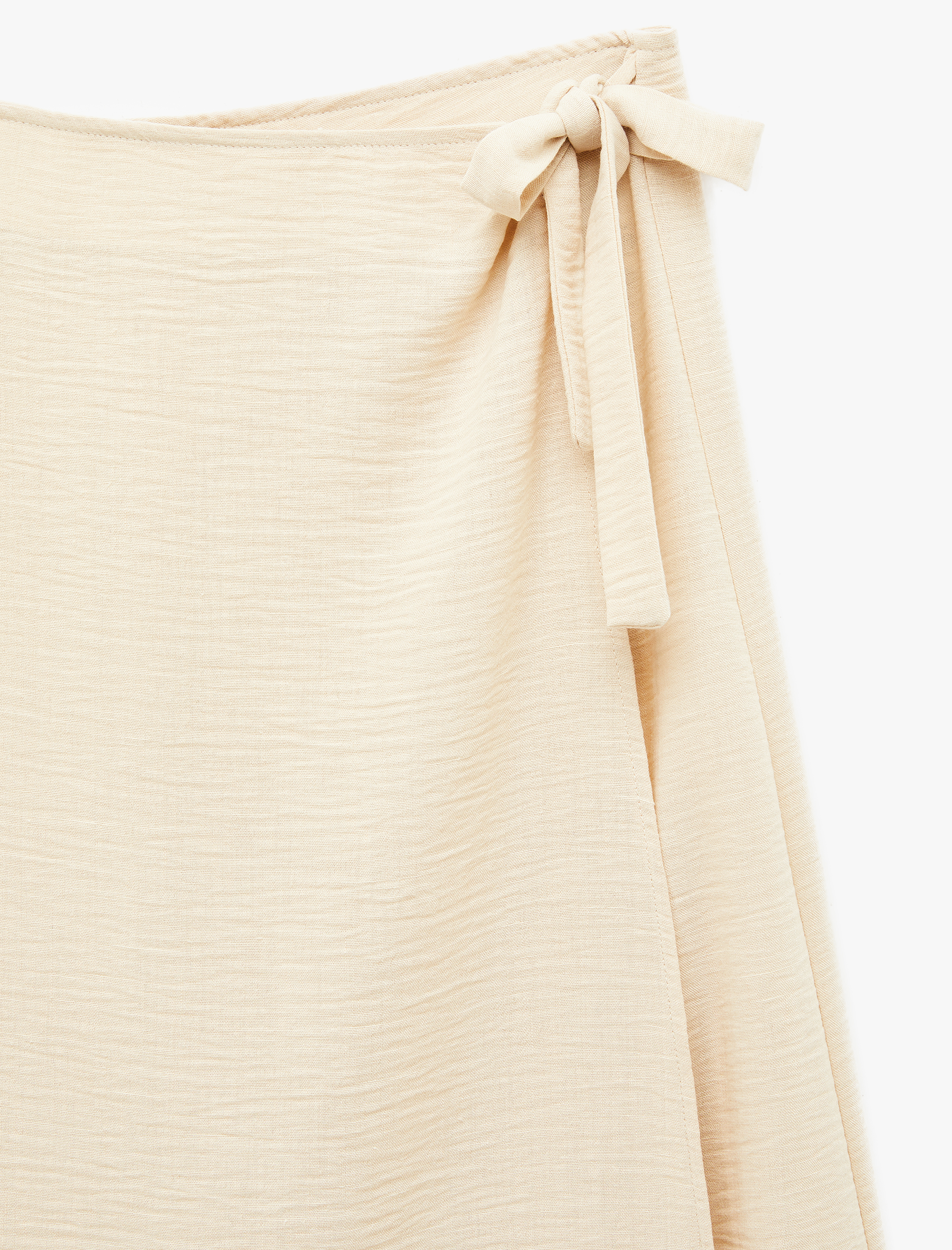   Keten Görünümlü Asimetrik Bağlama Detaylı Kruvaze Midi Etek