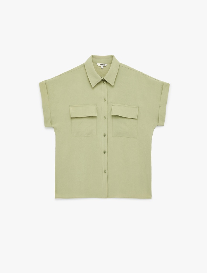  Kupro Viskon Kumaş Cep Detaylı Kısa Kollu Gömlek