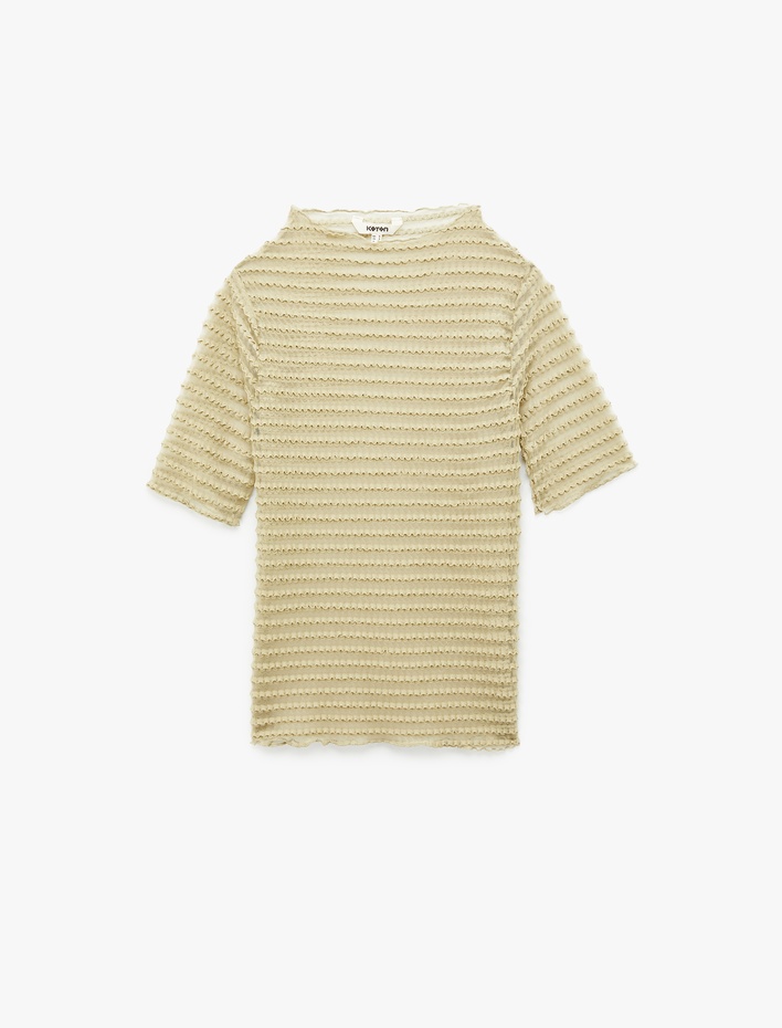  Regular Fit Kısa Kollu Bisiklet Yaka Yarı Transparan Tişört