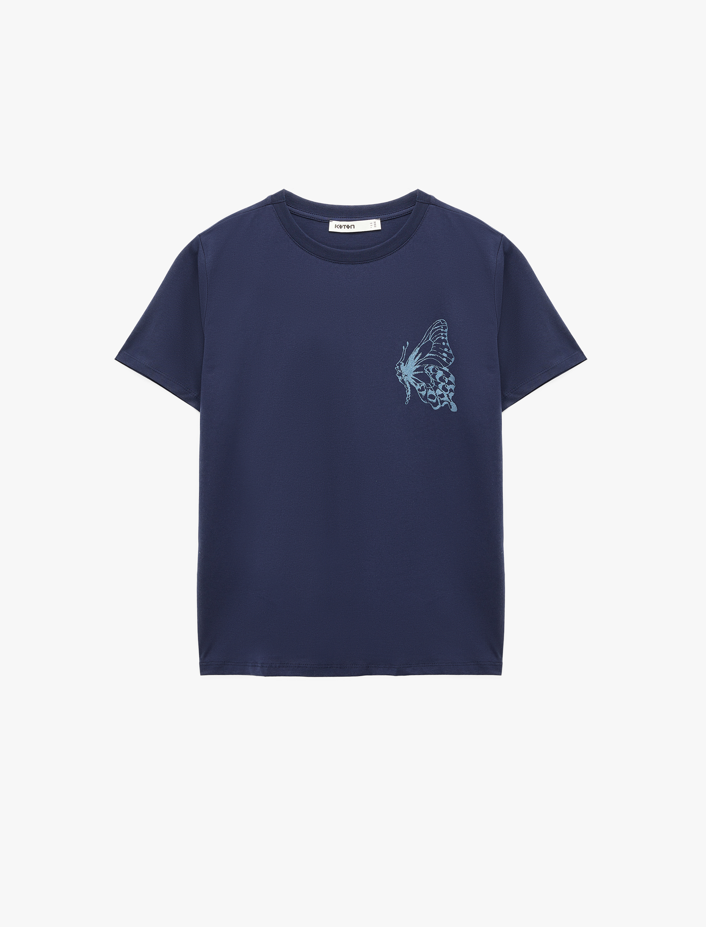   Pamuklu Bisiklet Yaka Kısa Kollu Bisiklet Yaka Kelebek Baskılı Tişört