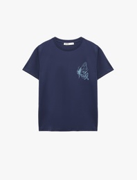 Pamuklu Bisiklet Yaka Kısa Kollu Bisiklet Yaka Kelebek Baskılı Tişört