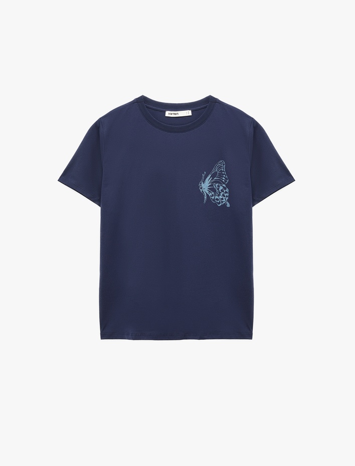  Pamuklu Bisiklet Yaka Kısa Kollu Bisiklet Yaka Kelebek Baskılı Tişört