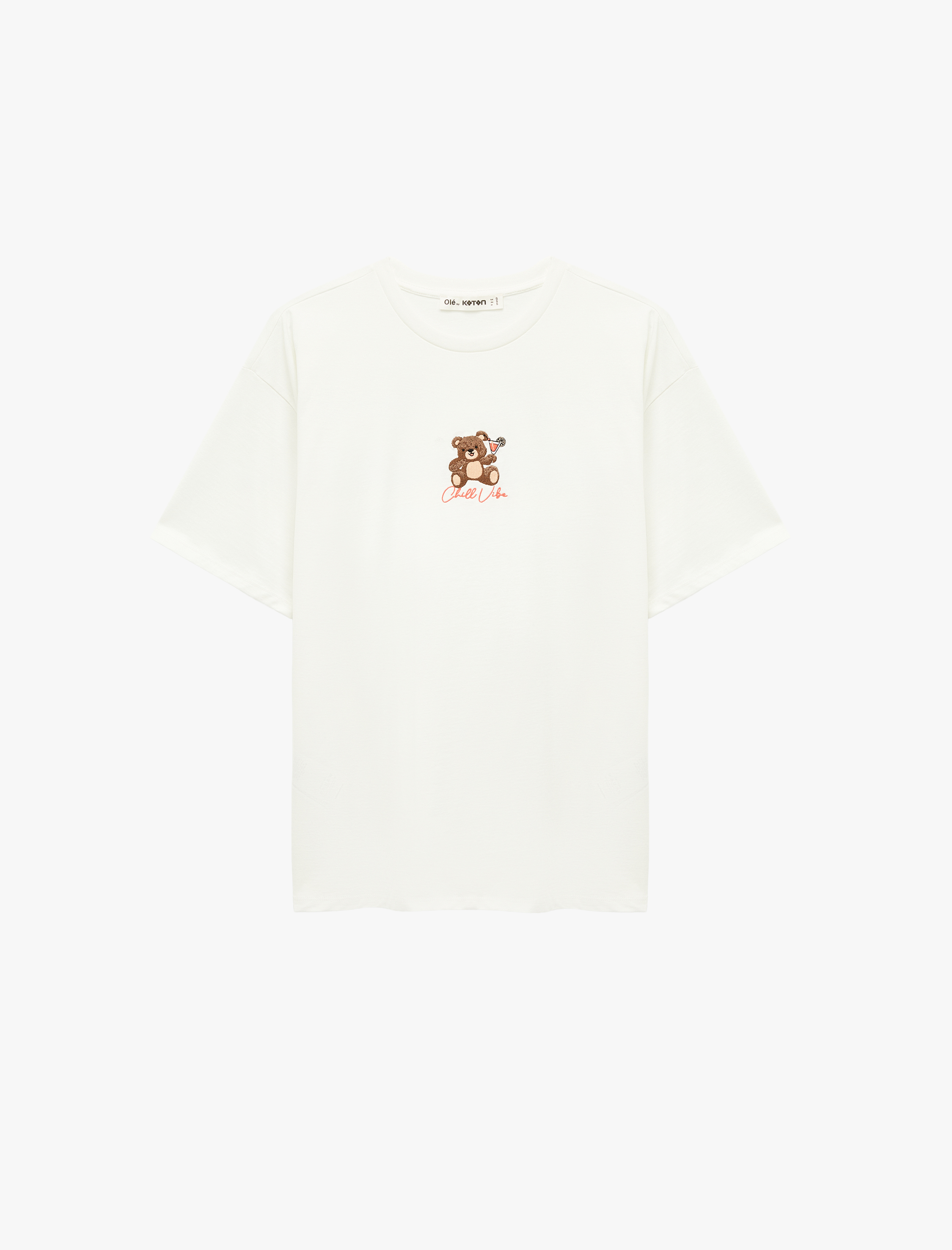   Kısa Kollu Ayıcık Nakışlı Bisiklet Yaka Pamuklu Oversize Tişört