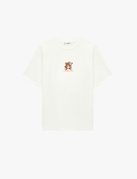 Kısa Kollu Ayıcık Nakışlı Bisiklet Yaka Pamuklu Oversize Tişört