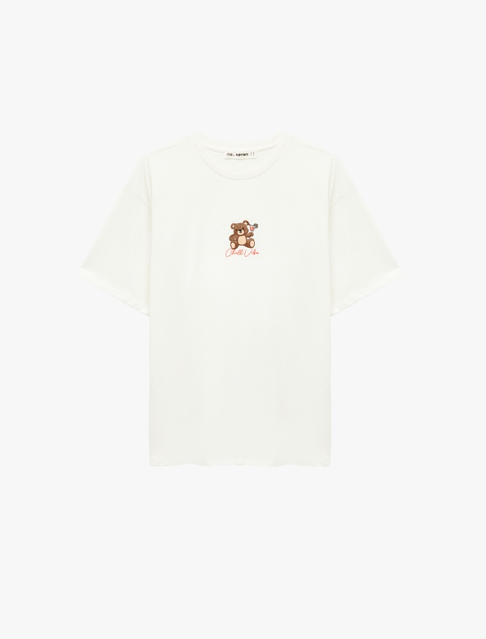  Kısa Kollu Ayıcık Nakışlı Bisiklet Yaka Pamuklu Oversize Tişört