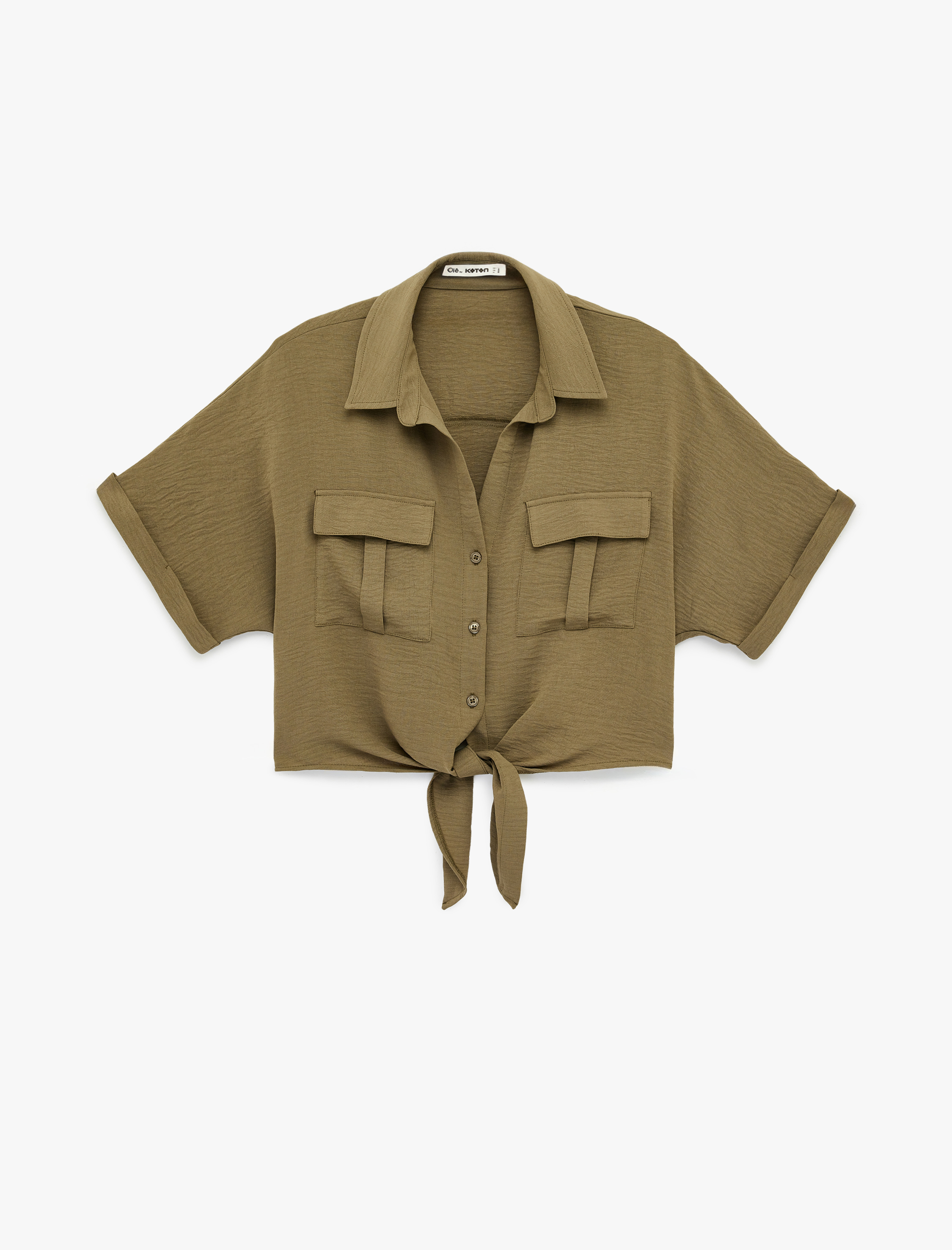   Aerobin Kumaş Rahat Kalıp Kısa Kollu Bağlama Detaylı Cepli Yazlık Gömlek