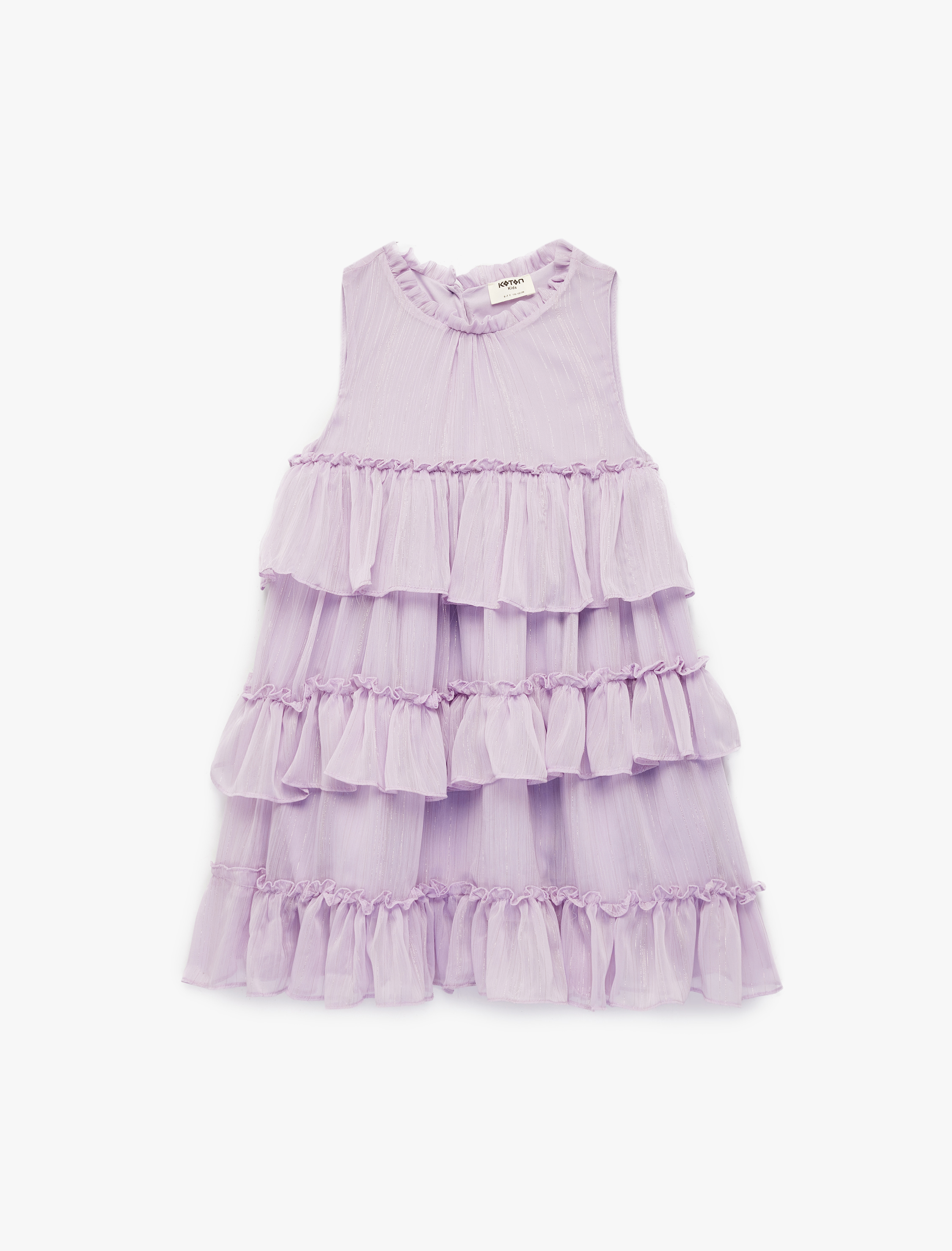  Kız Çocuk Kolsuz Bisiklet Yaka Fırfırlı Kat Detaylı Pileli Şifon Elbise