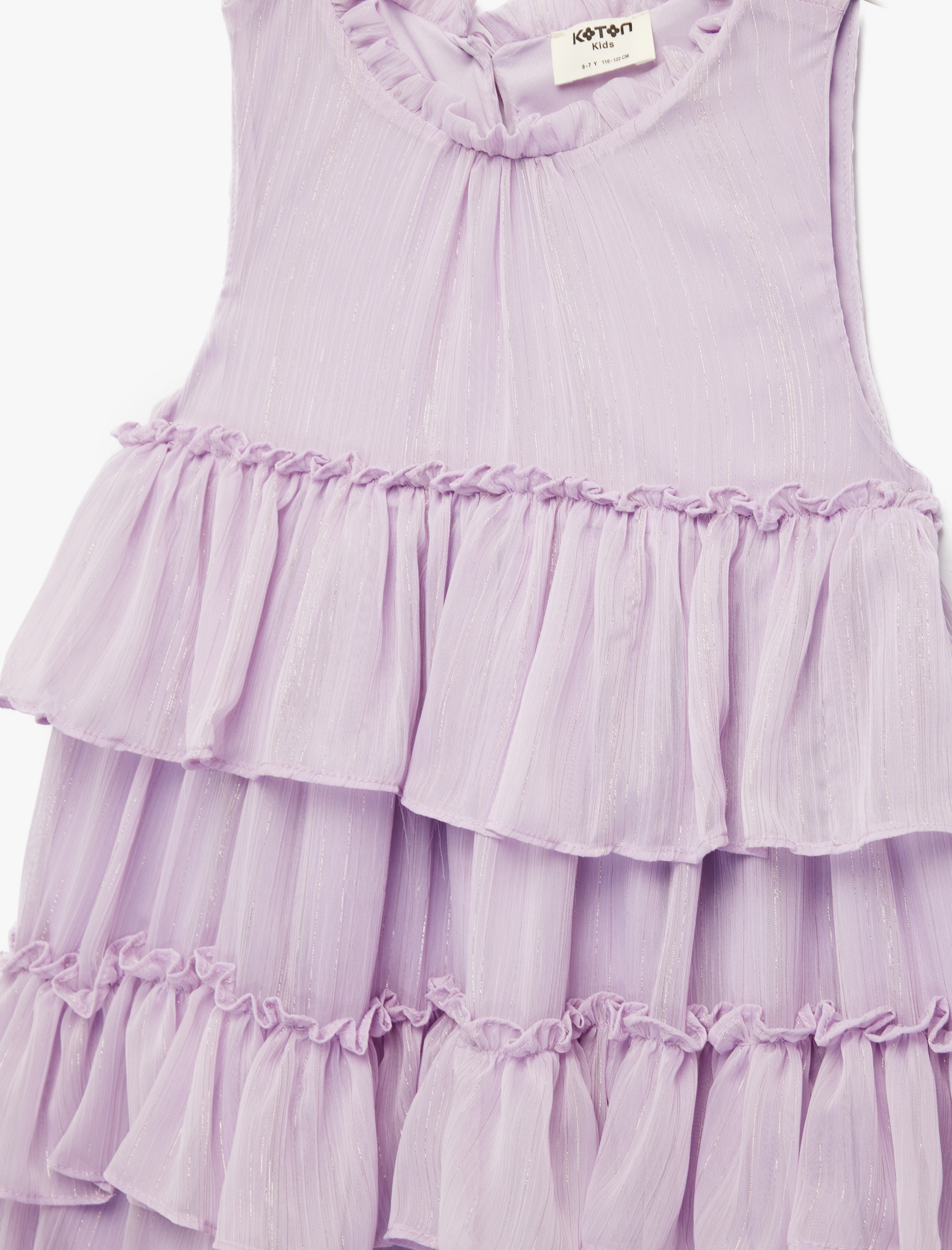  Kız Çocuk Kolsuz Bisiklet Yaka Fırfırlı Kat Detaylı Pileli Şifon Elbise