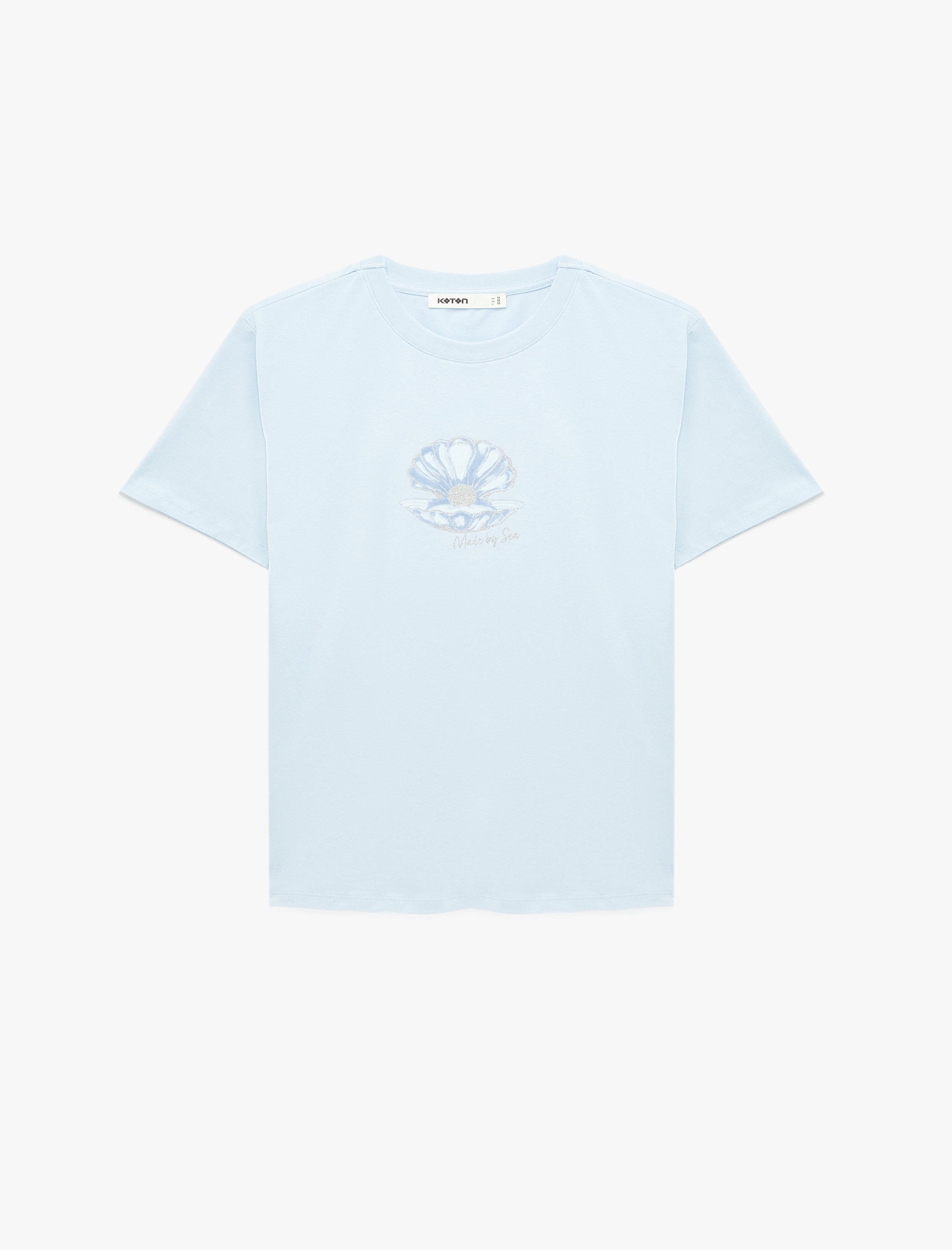   Pamuklu Kısa Kollu Bisiklet Yaka Deniz Kabuğu Baskılı Tişört