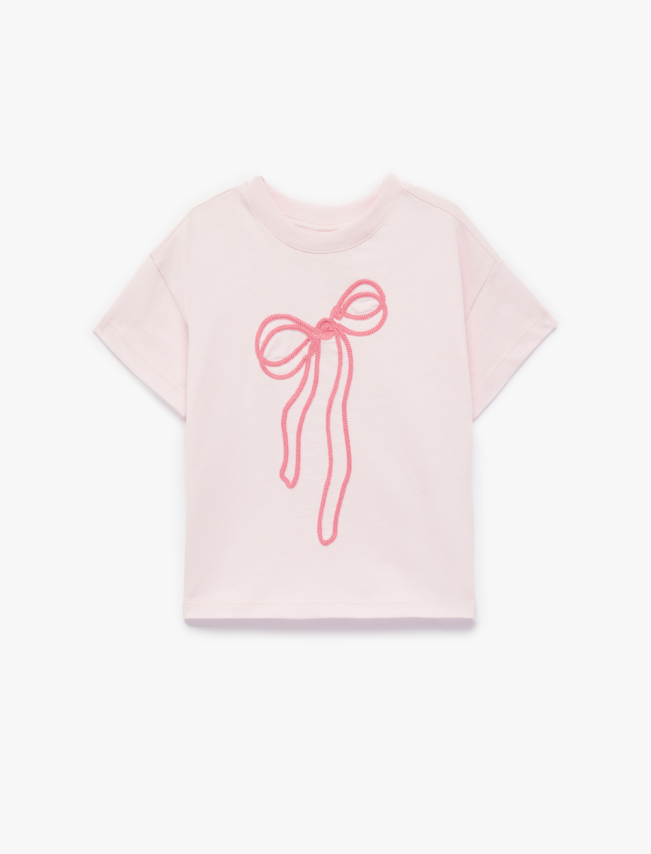  Kız Bebek Pamuklu Fiyonklu Nakış Detaylı Bisiklet Yaka Kısa Kollu Tişört