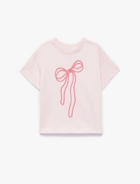 Pamuklu Fiyonklu Nakış Detaylı Bisiklet Yaka Kısa Kollu Tişört