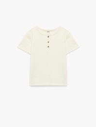 Düğmeli Kısa Kollu Bisiklet Yaka Pamuklu Tişört