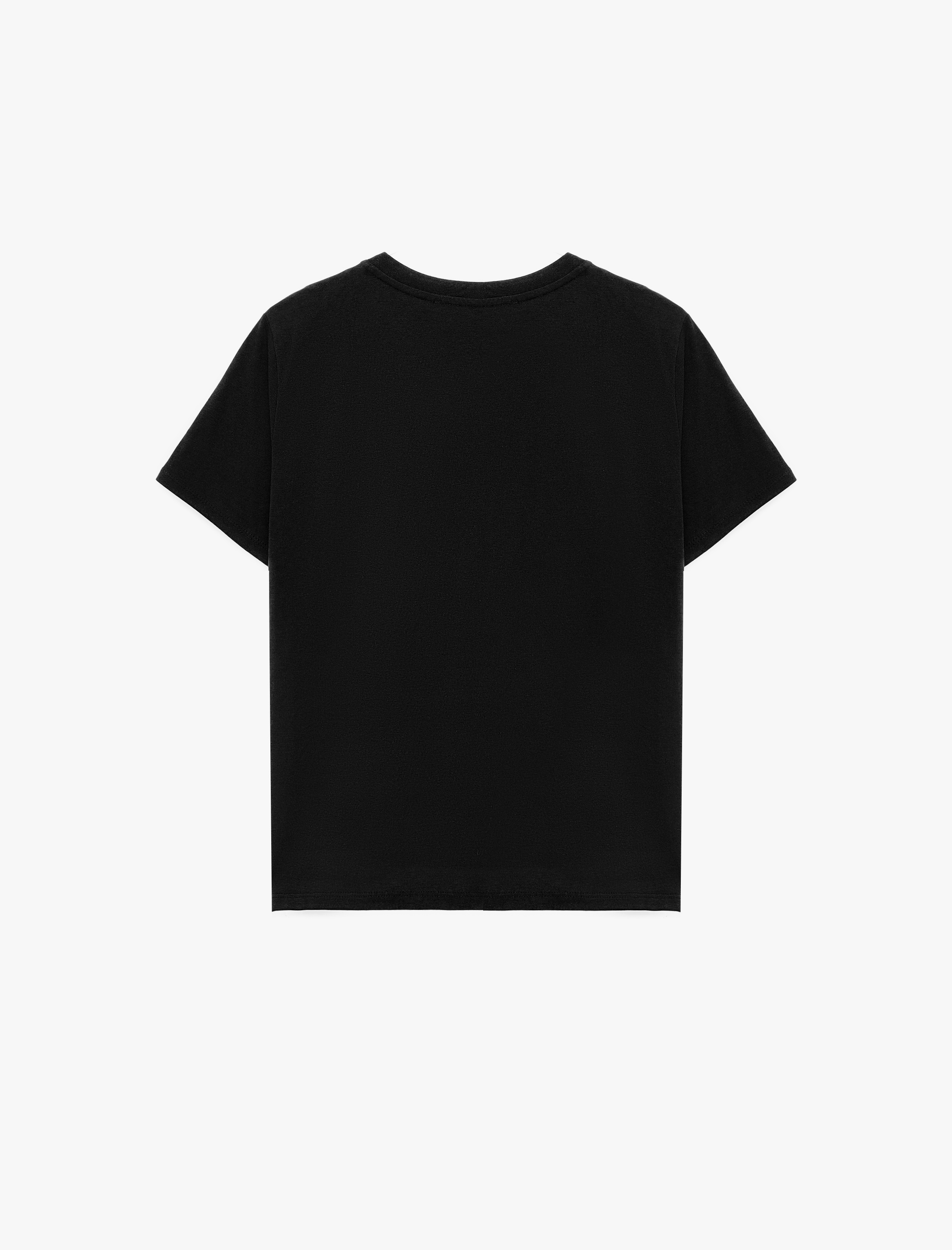   Pamuklu Kısa Kollu Bisiklet Yaka Fiyonk Baskılı Tişört