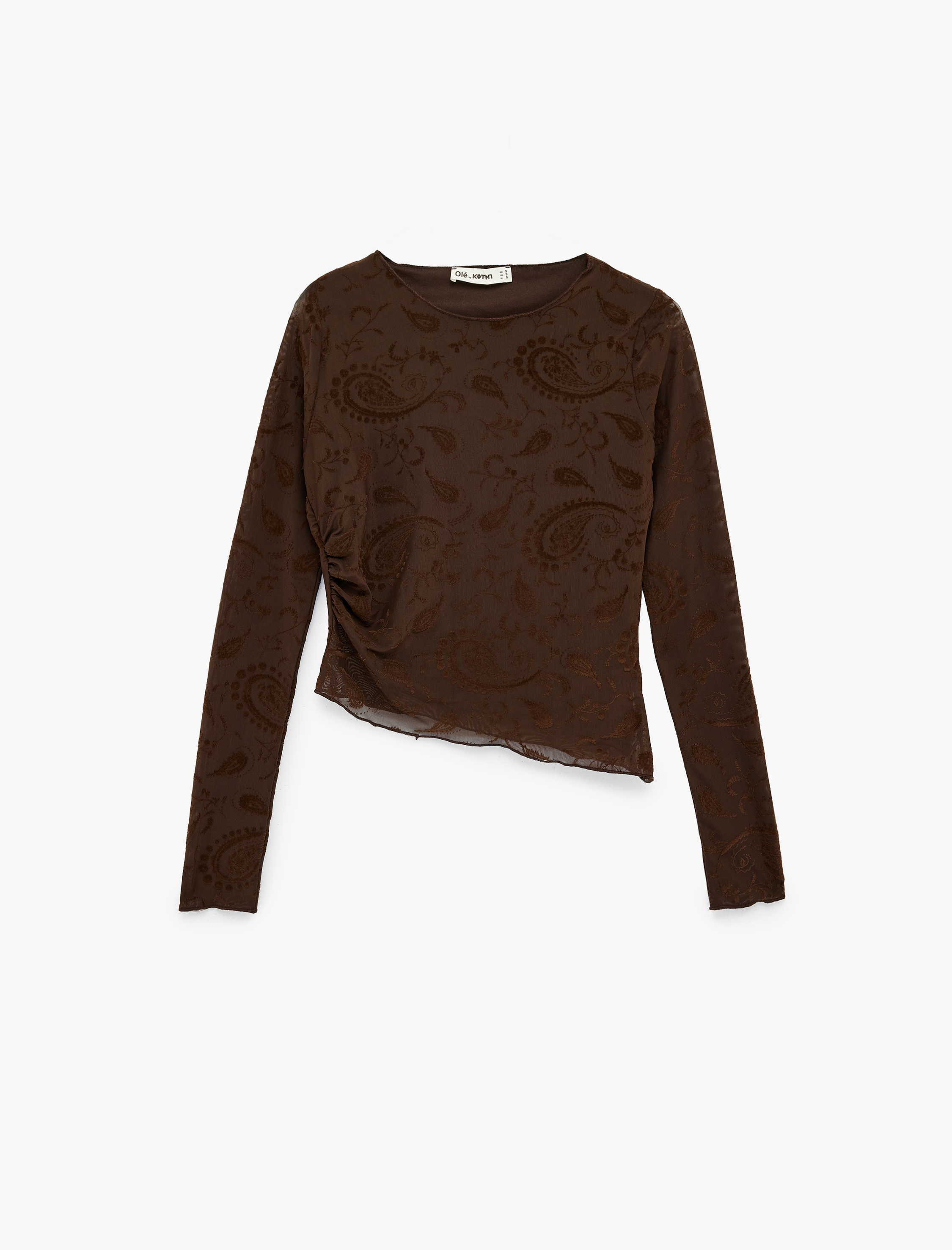   Asimetrik Uzun Kollu Bisiklet Yaka Şal Desenli Tül Tişört