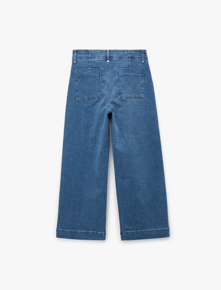 Nervürlü Yüksek Bel Rahat Kalıp Bol Paça Denim Pantolon - Culotte Jeans