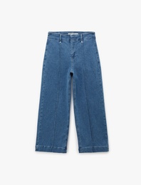 Nervürlü Yüksek Bel Rahat Kalıp Bol Paça Denim Pantolon - Culotte Jeans