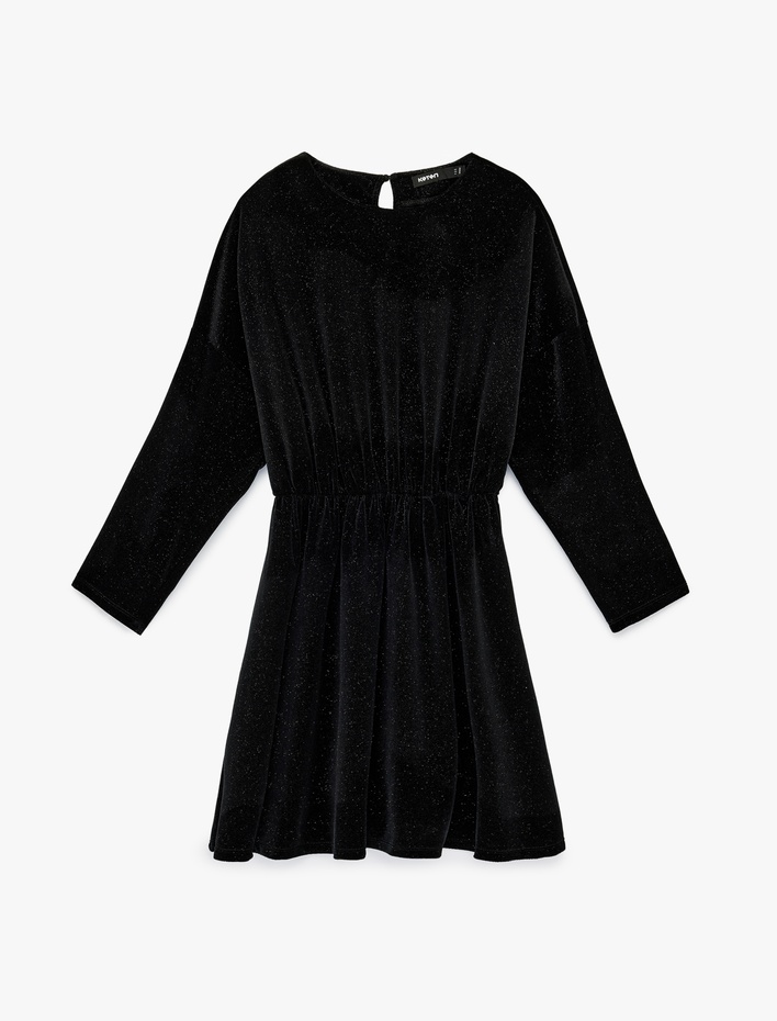  Uzun Kollu Bisiklet Yaka Simli Kadife Diz Üstü Elbise