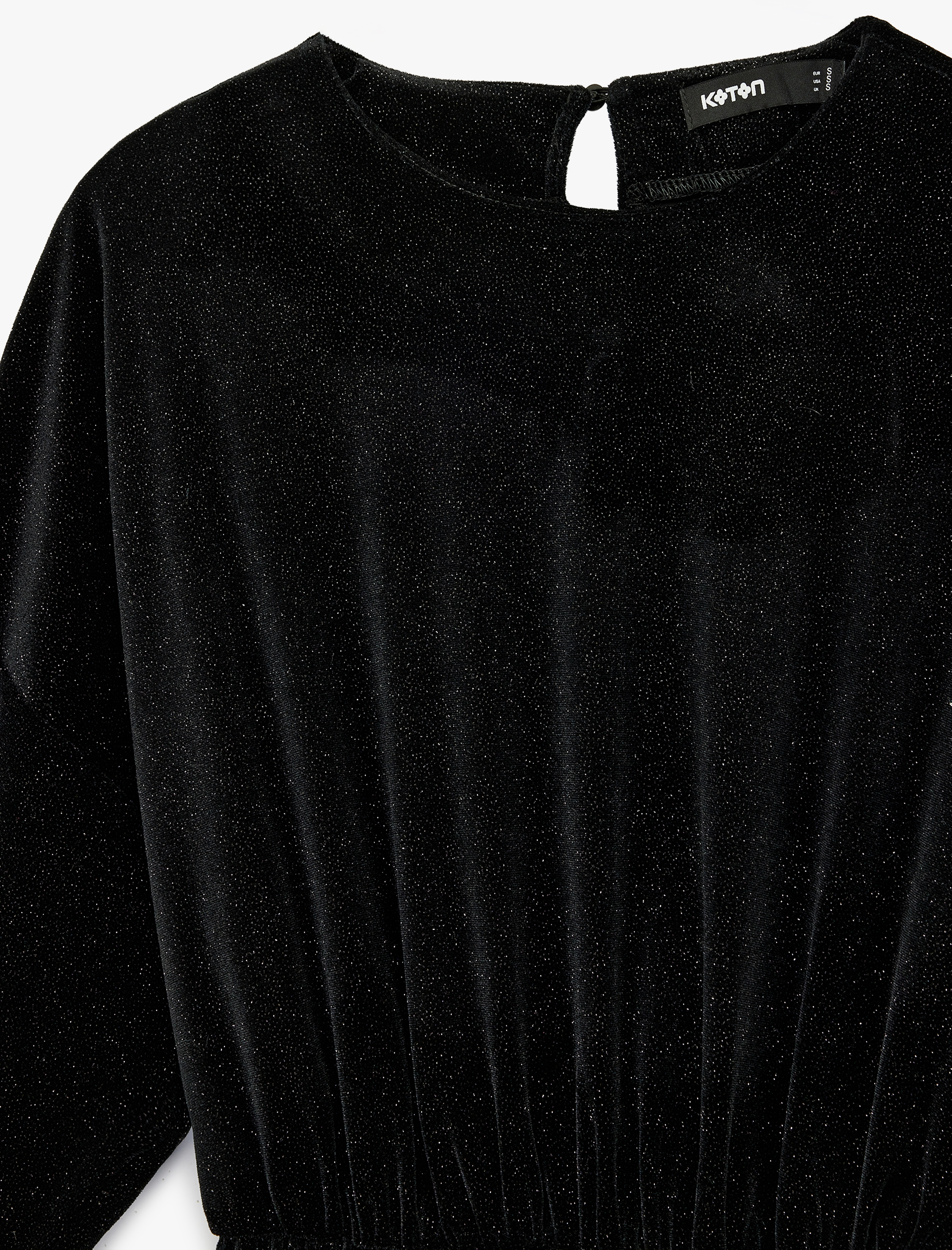   Uzun Kollu Bisiklet Yaka Simli Kadife Diz Üstü Elbise