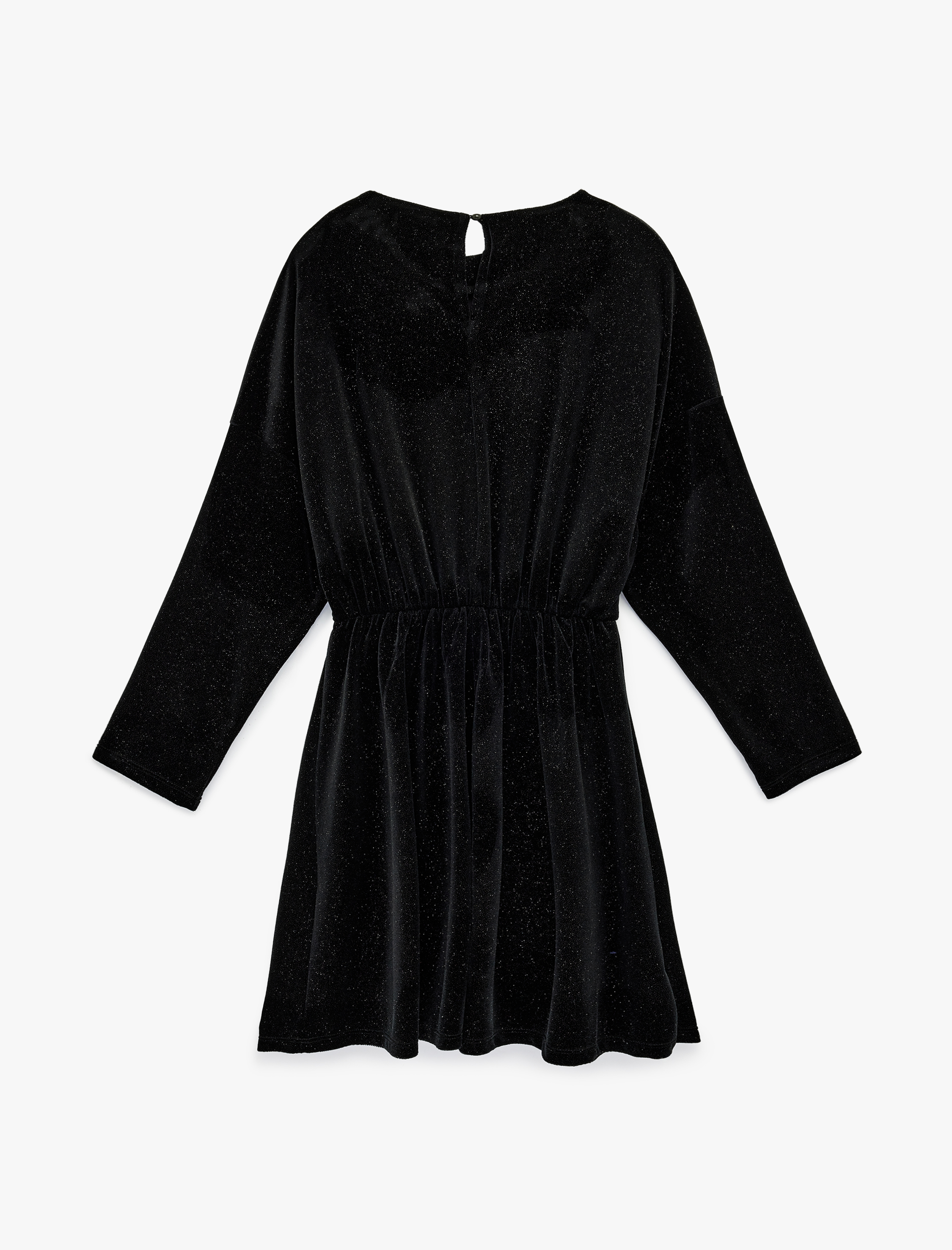   Uzun Kollu Bisiklet Yaka Simli Kadife Diz Üstü Elbise