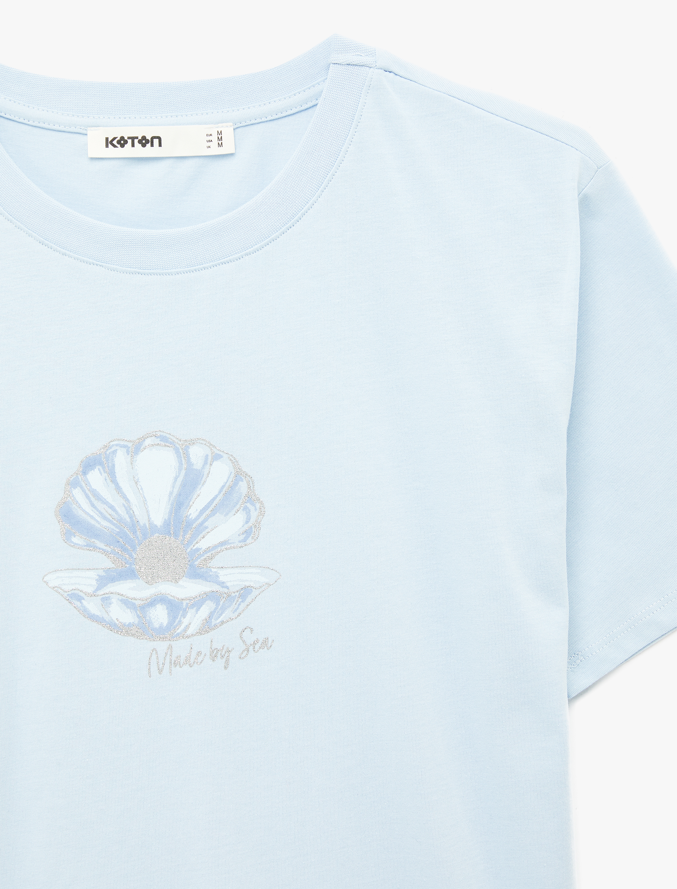   Pamuklu Kısa Kollu Bisiklet Yaka Deniz Kabuğu Baskılı Tişört