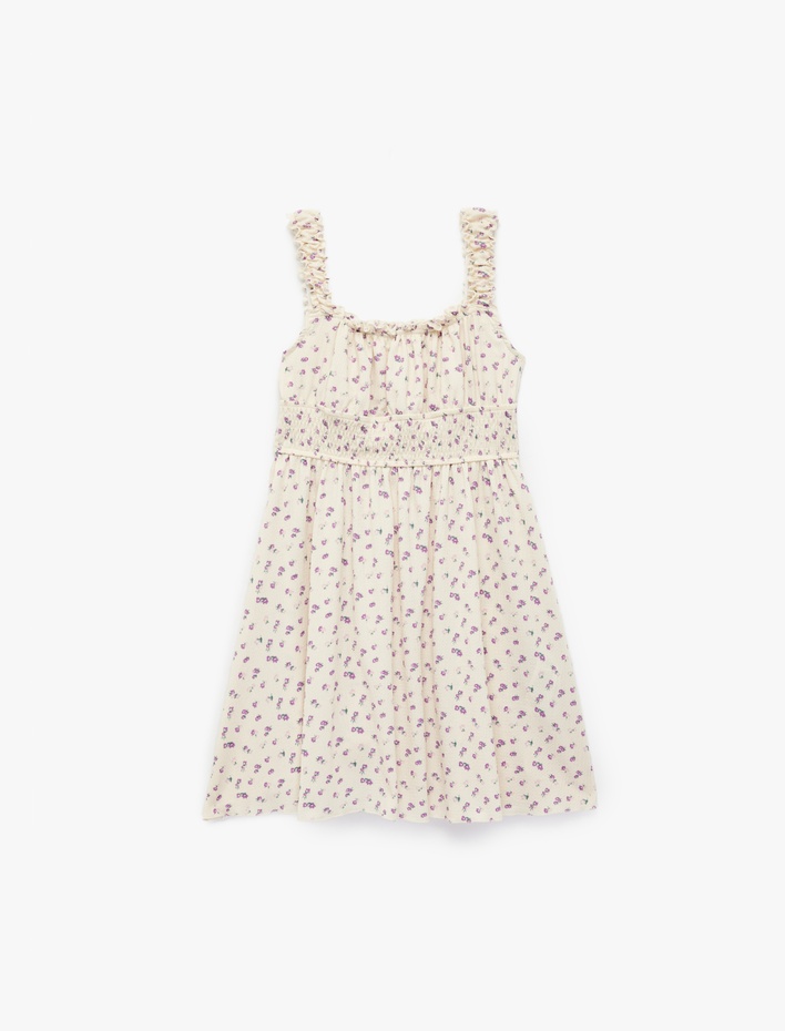 Kız Çocuk Gipeli ı Kare Yaka Çiçekli Askılı Elbise